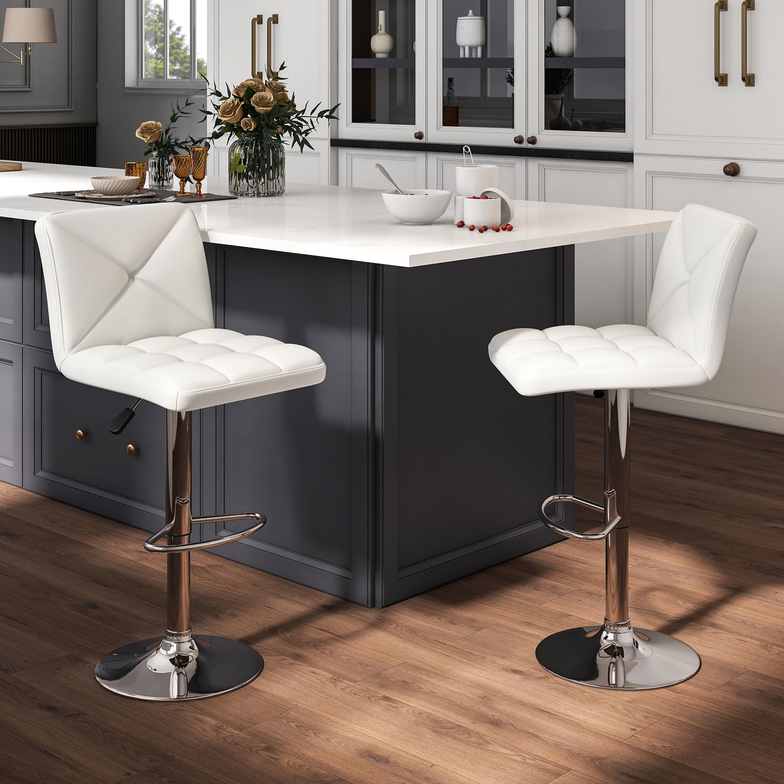 Bar Stools Set of 2/4, Modern PU Leather Swivel Counter Height Bar Stools with Back, Heavy-Duty Metal Base & Footrest