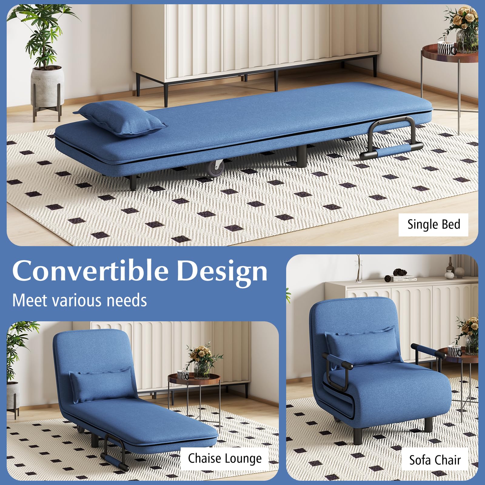 Convertible Chair Bed with 5-Position Adjustable Backrest & Lumbar Pillow, 2 Hidden Metal Legs & 2 Lockable Casters