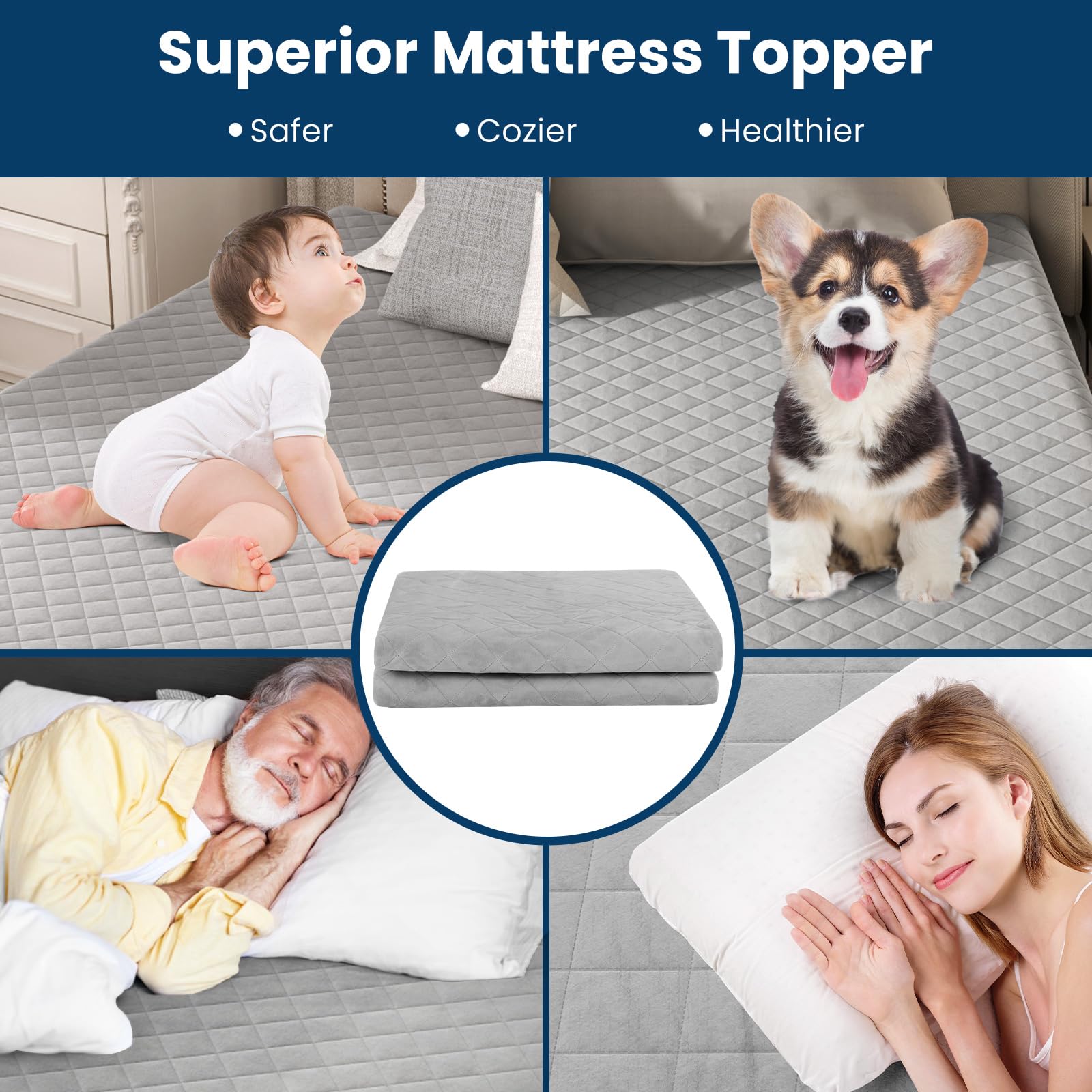 Mattress Topper Cover, Soft Velvet Mattress Protector with Deep Pockets, Elastic Sides & Anti-Slip Bottom