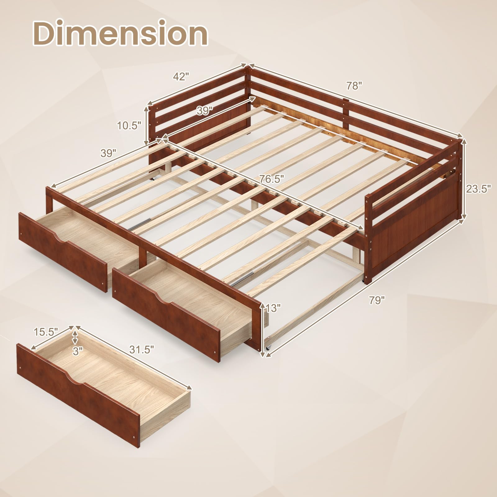 Wood Daybed with Trundle, Extendable Twin to King Daybed Frame with 2 Storage Drawers
