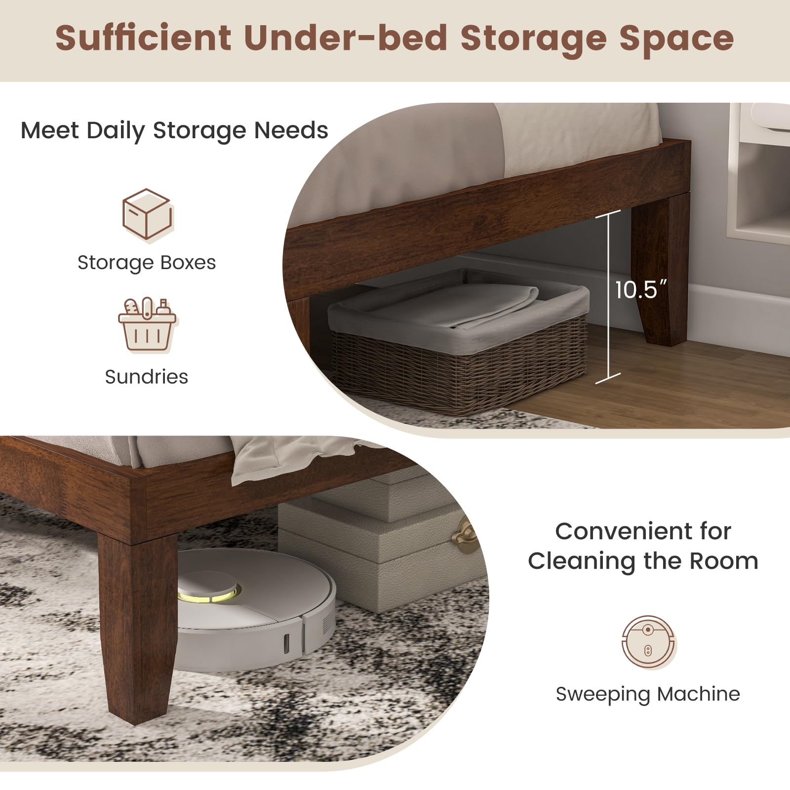 14 Inches Wood Platform Bed Frame, Solid Wood Mattress Foundation with Rubber Wood Frame
