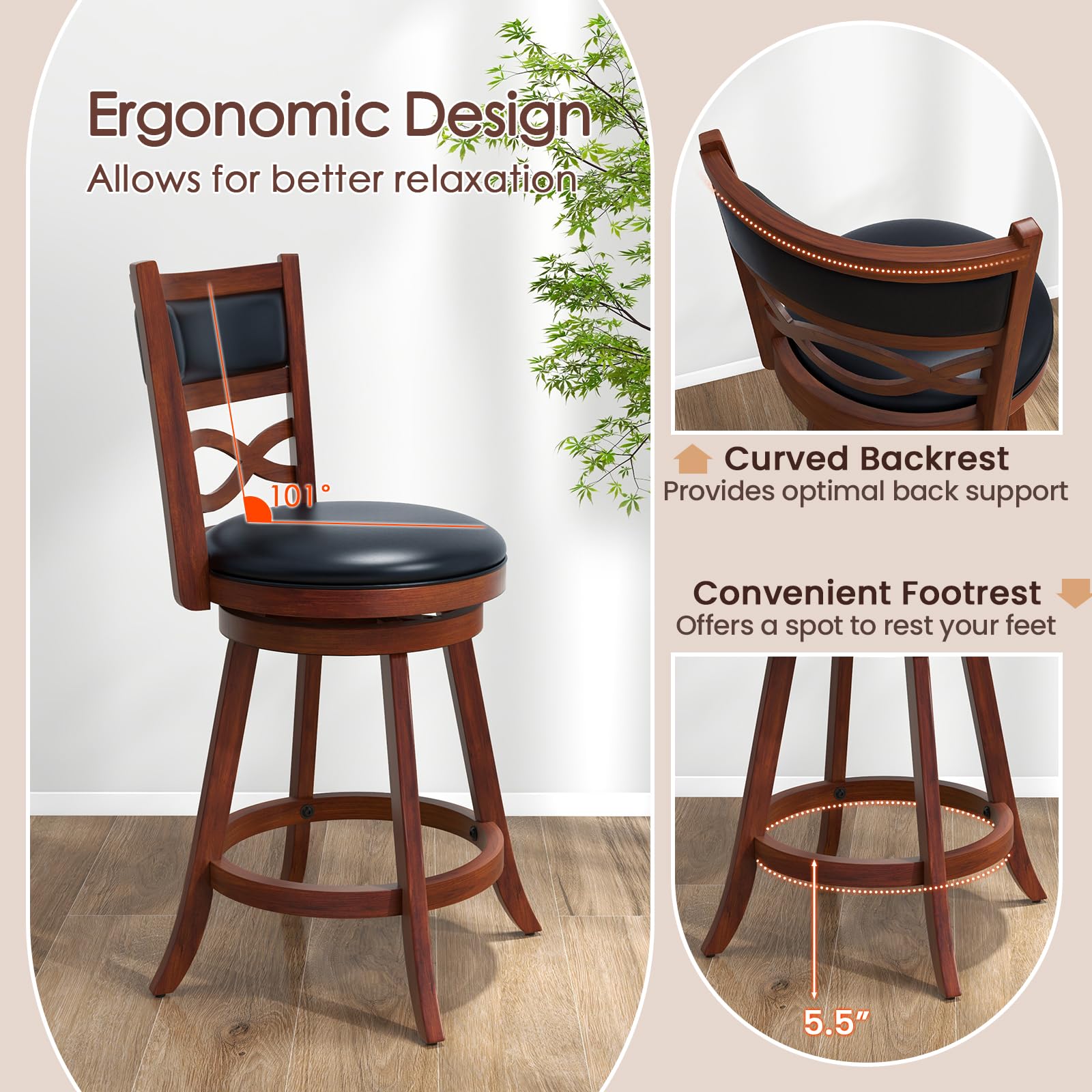 Bar Stools Set of 2/4, 24.5&rdquo; Counter Height Stools with Rubber Wood Frame, Faux Leather Upholstered Seat and Backrest