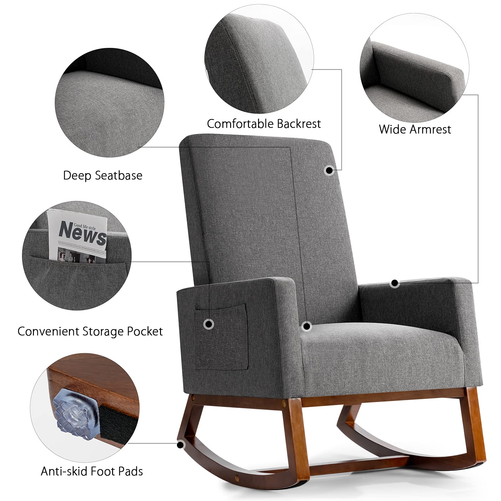 Rocking Chair, High Back Upholstered Lounge Armchair w/Side Pocket