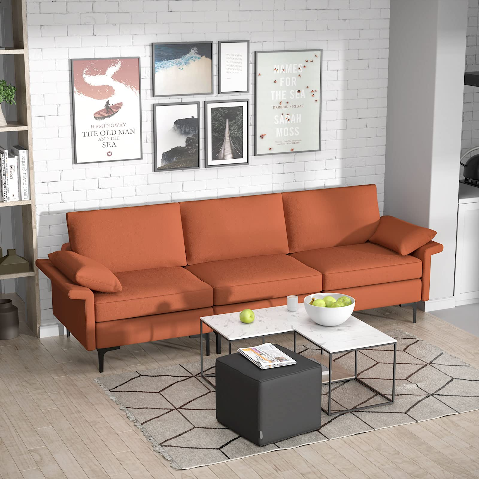 100.5 Inch Large Sectional Sofa, 3 Seat Couch with 3-Hole Outlet & 2 USB Ports