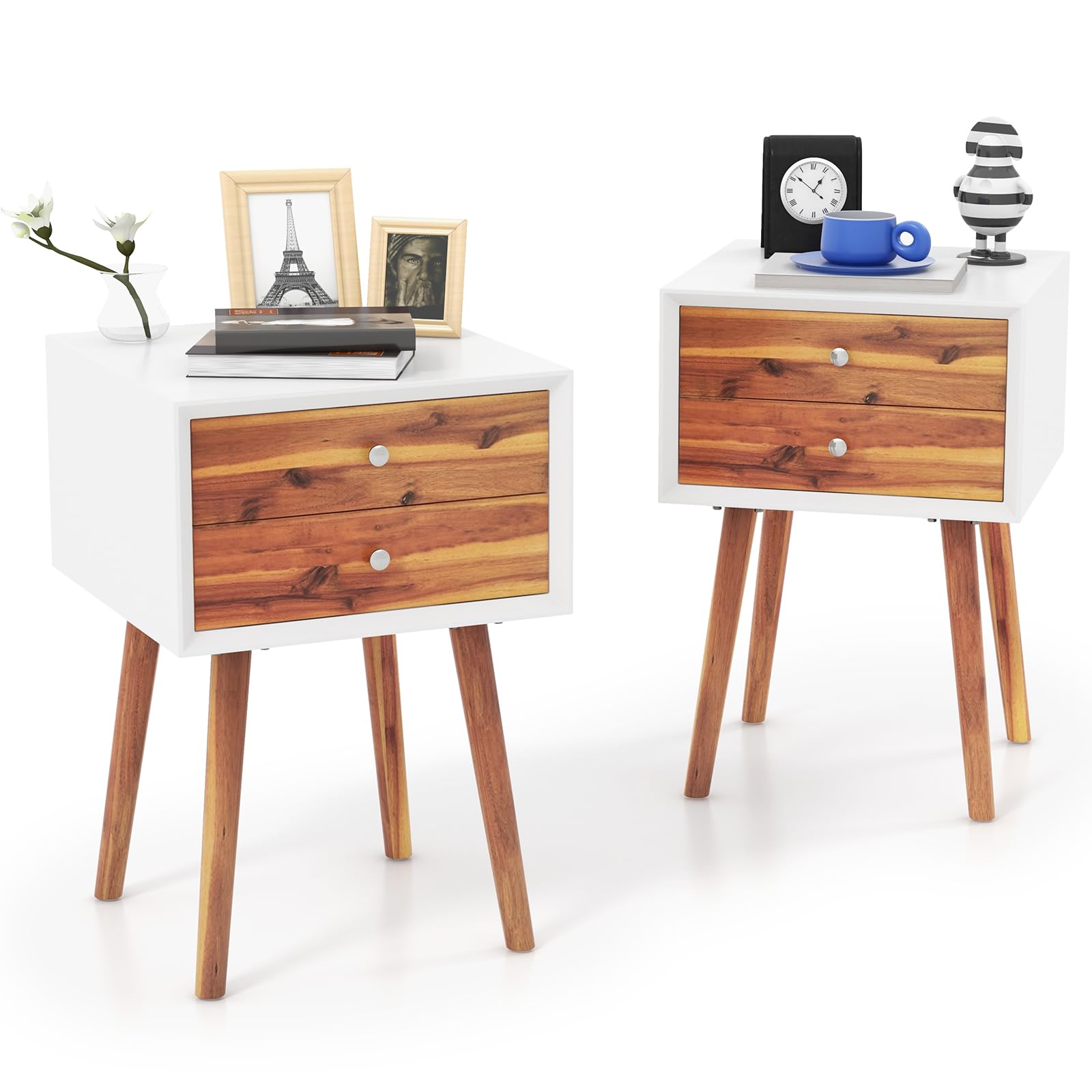 2-Drawer Nightstand, Mid-Century Modern Bed Side Table with Storage