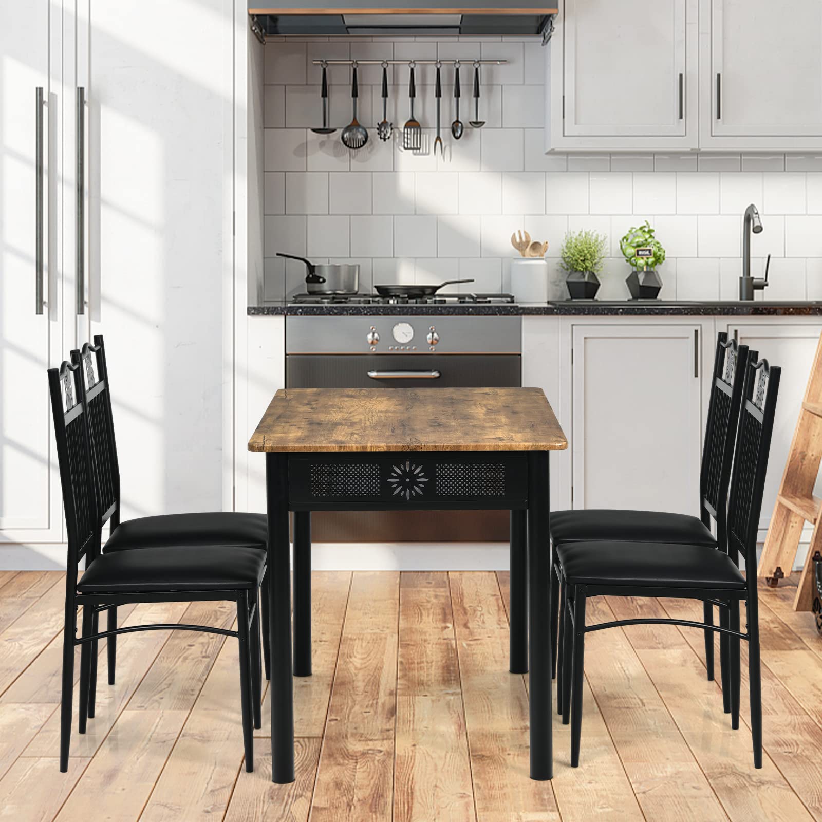 5 Piece Dining Table and Chairs Set, Vintage Retro Wood Top Metal Frame Padded Seat