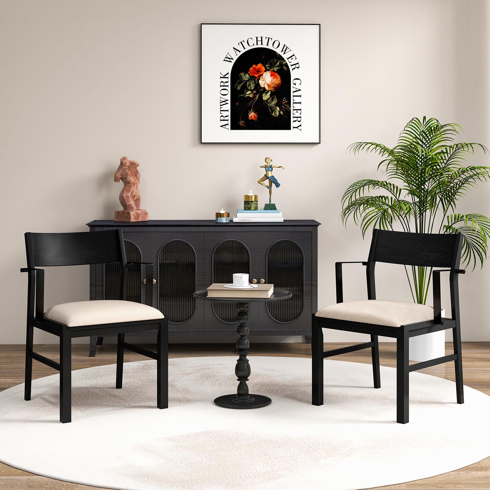 Dining Chairs Set of 2/4 with Padded Seat, Metal Armrest, Solid Rubber Wood Legs