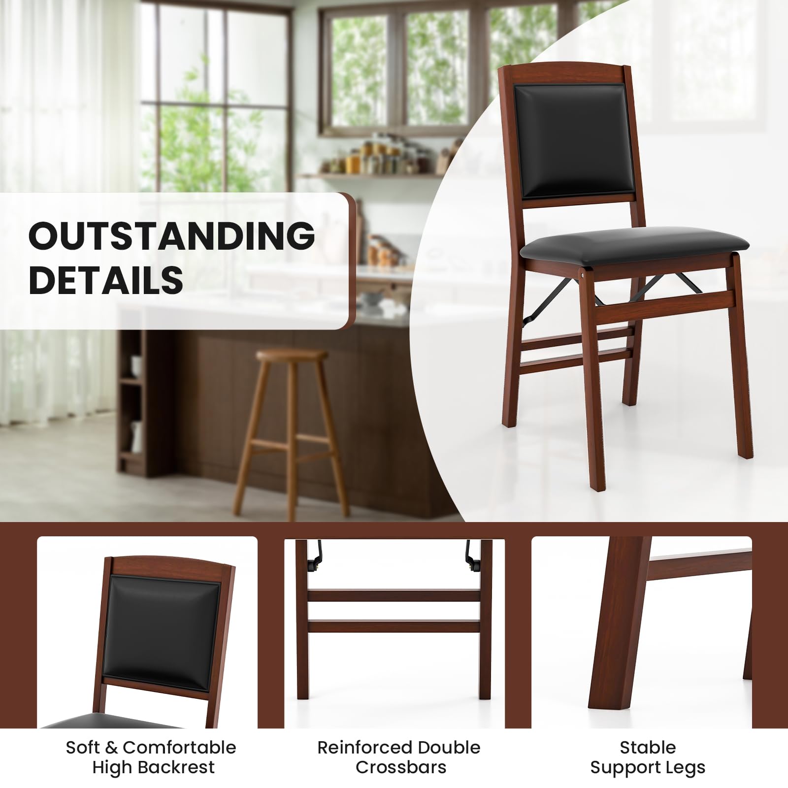 Folding Dining Chairs Set of 2/4, Foldable Wood Chairs with PVC Padded Seat & High Backrest