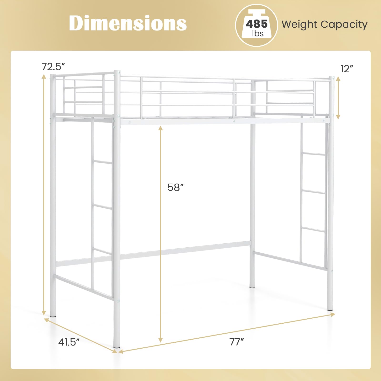 Twin Size Metal Loft Bed with Both Side Ladders & Safety Guardrails