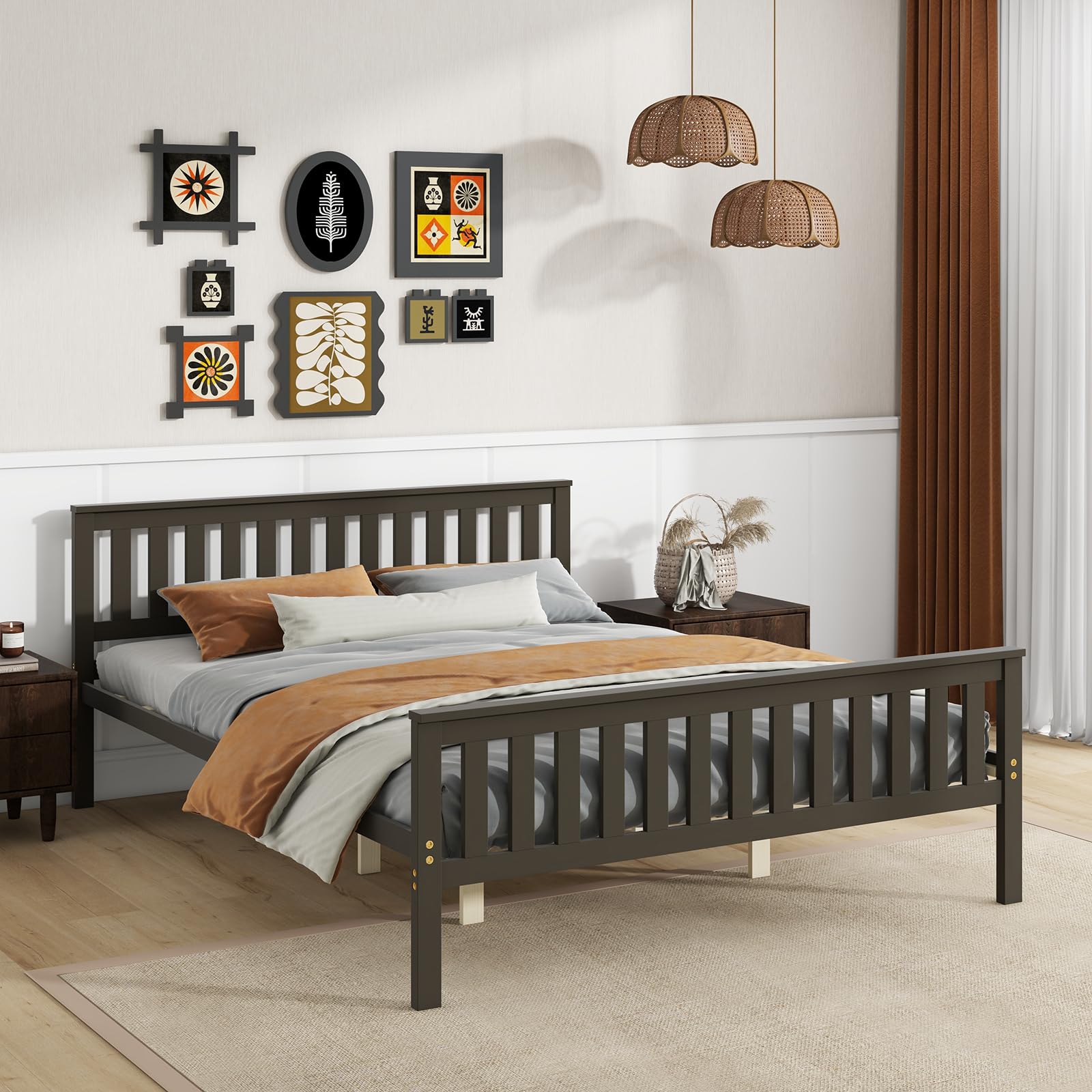 Wood Platform Bed Frame with Headboard, Wooden Slats Support, 12" Under-Bed Storage Space