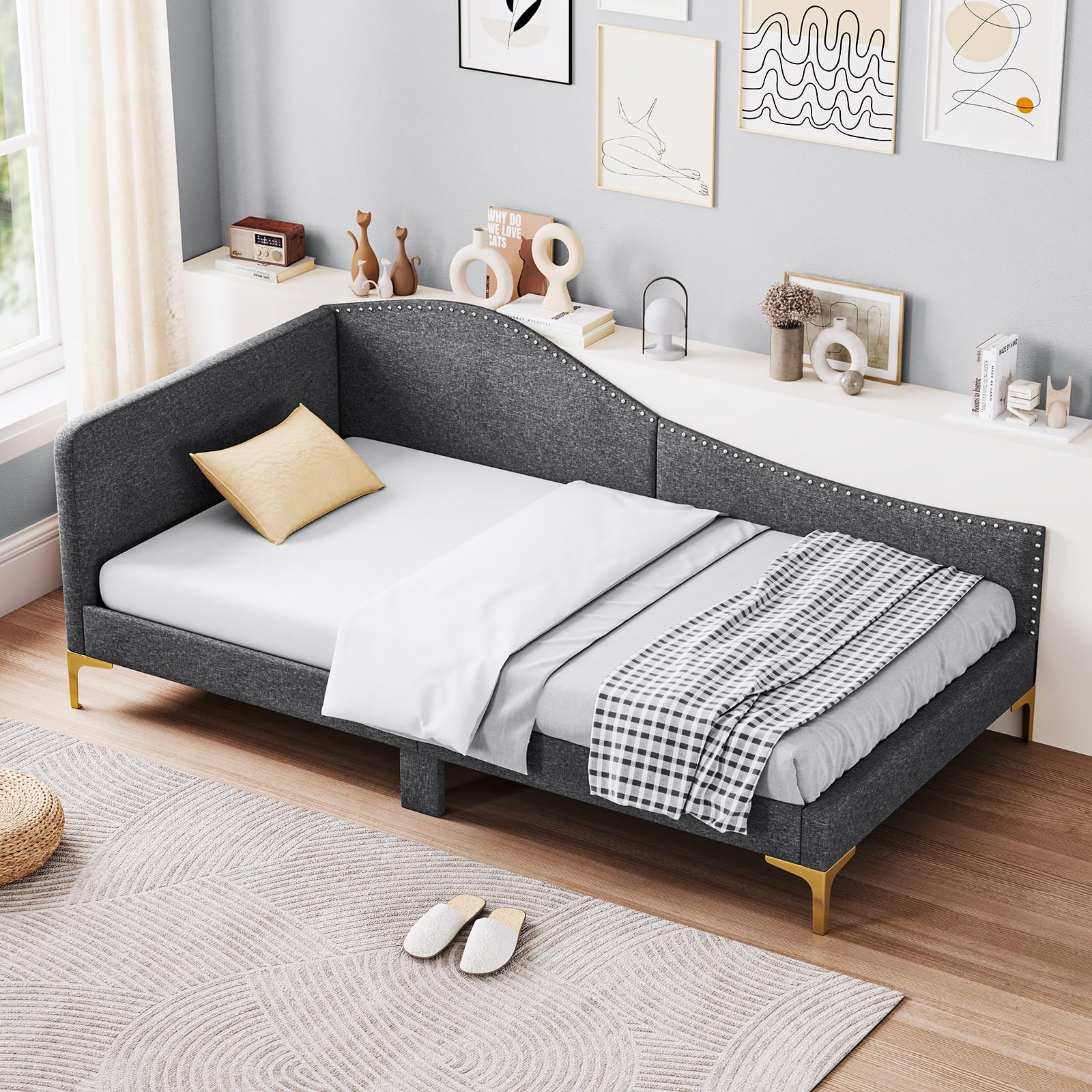 Rivet-Tufted Platform Bed Frame with Headboard, Metal Legs & Wood Slats, L-Shaped Corner Sofa Bed