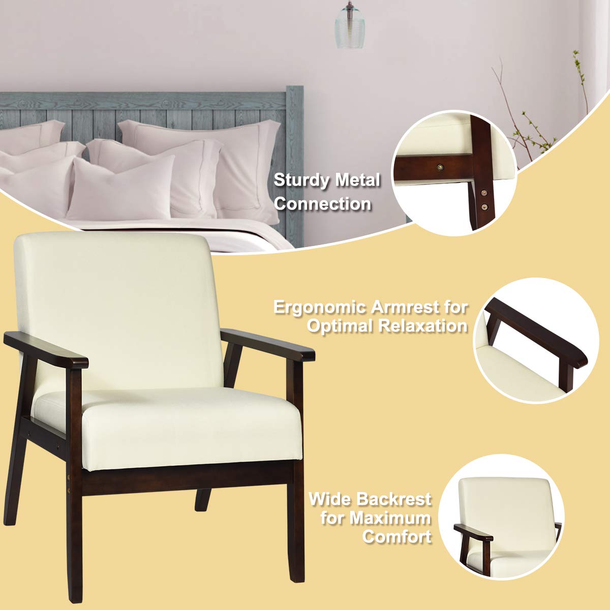 Armrest Accent Chair, Upholstered Linen Fabric Lounge Chair with Rubber Wood Legs, Comfortable Backrest