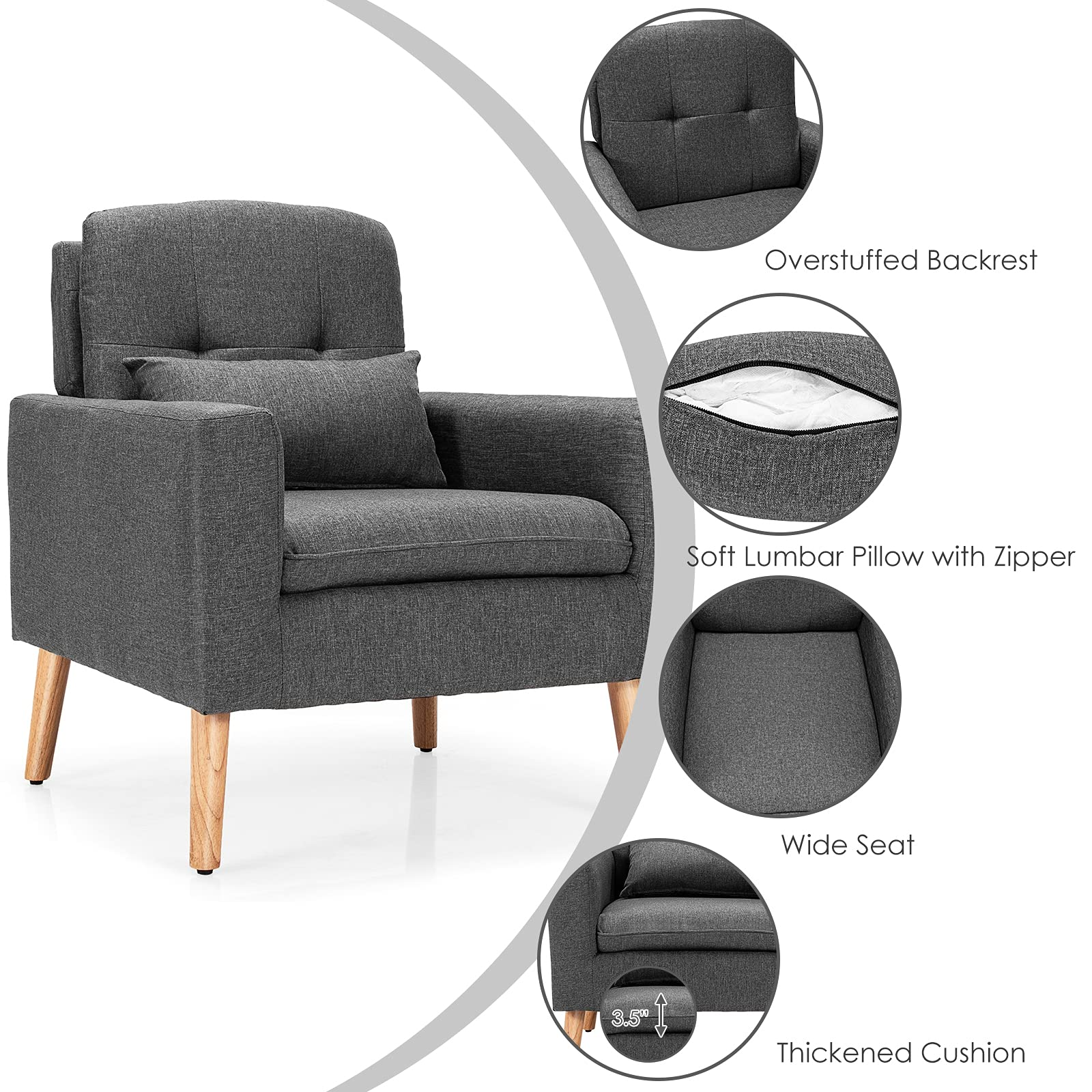 Modern Linen Accent Chair, Upholstered Tufted Armchair with Lumbar Pillow, Rubber Wood Legs, Padded Cushion