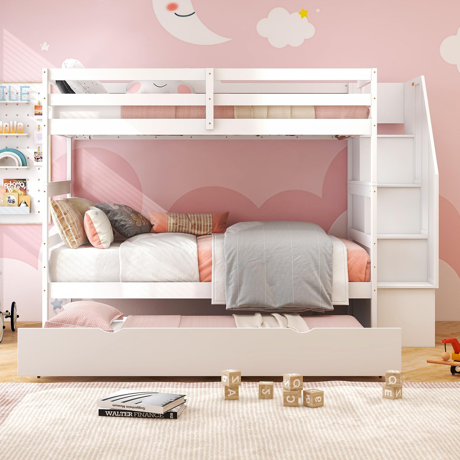 Twin Over Twin Wood Bunk Bed with Trundle & Storage Stairs, Convertible to 2 Separated Beds
