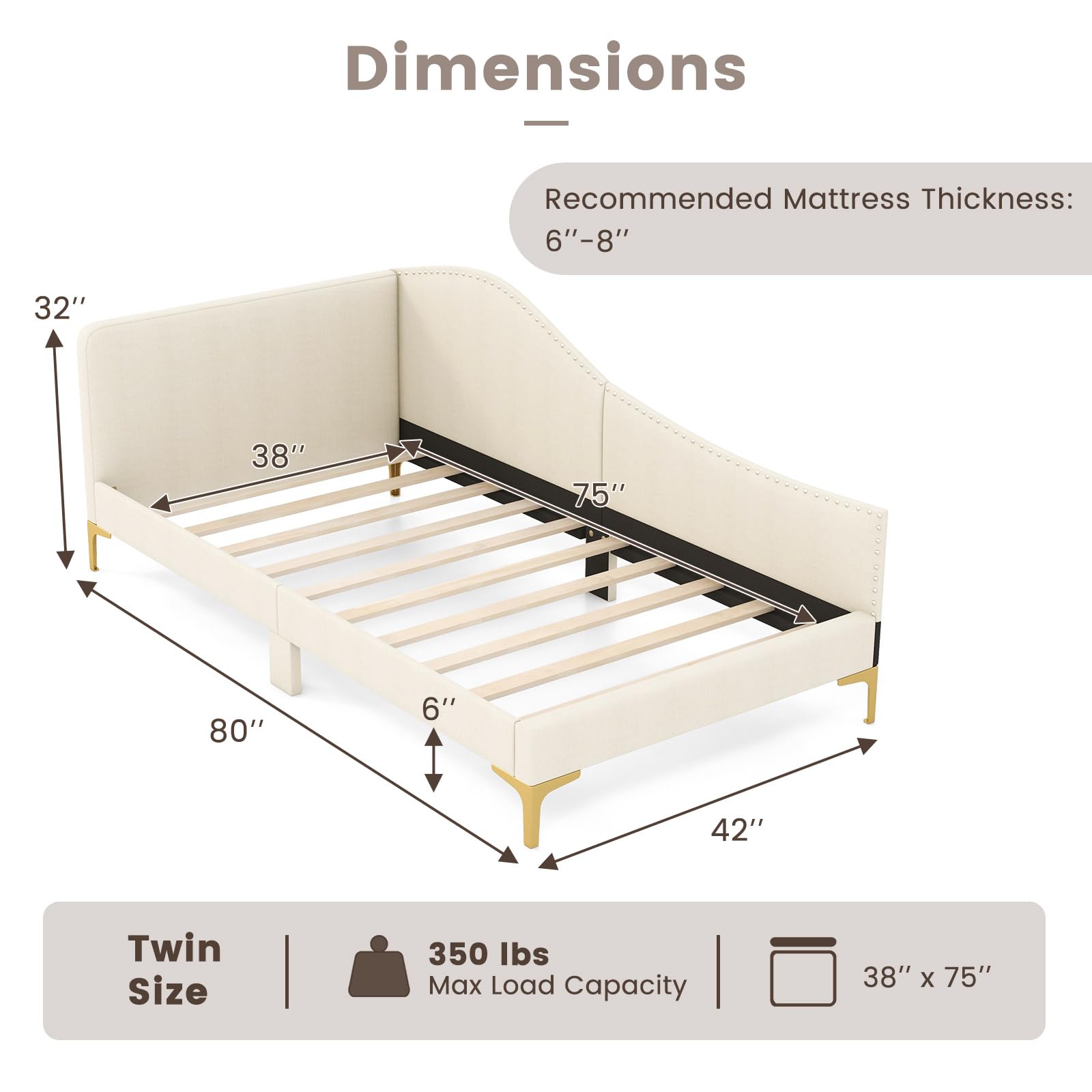 Rivet-Tufted Platform Bed Frame with Headboard, Metal Legs & Wood Slats, L-Shaped Corner Sofa Bed