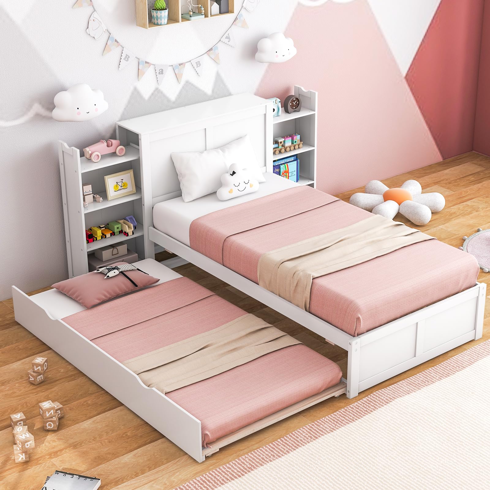 Twin Wood Daybed with Trundle with 2 Rolling Bookcases & High Headboard