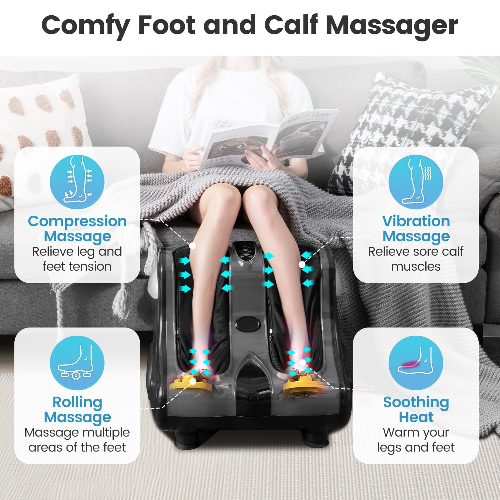 Foot and Calf Massager with Heat，Shiatsu Foot Massager Machine with Vibration, Deep Kneading, 3-Level Intensity Modes