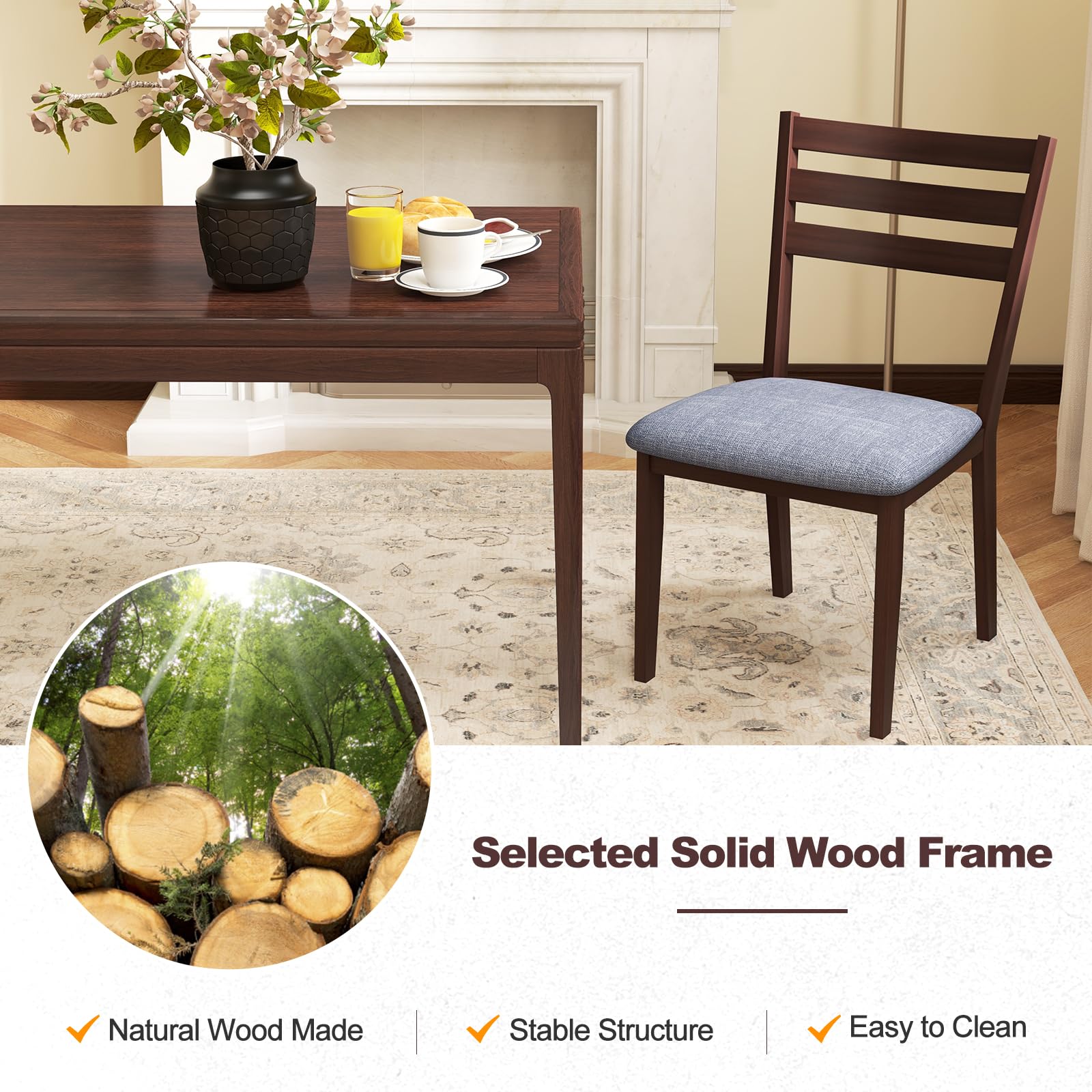 Wood Dining Chairs Set of 2/4, Upholstered Kitchen Chair with Solid Rubber Wood Frame