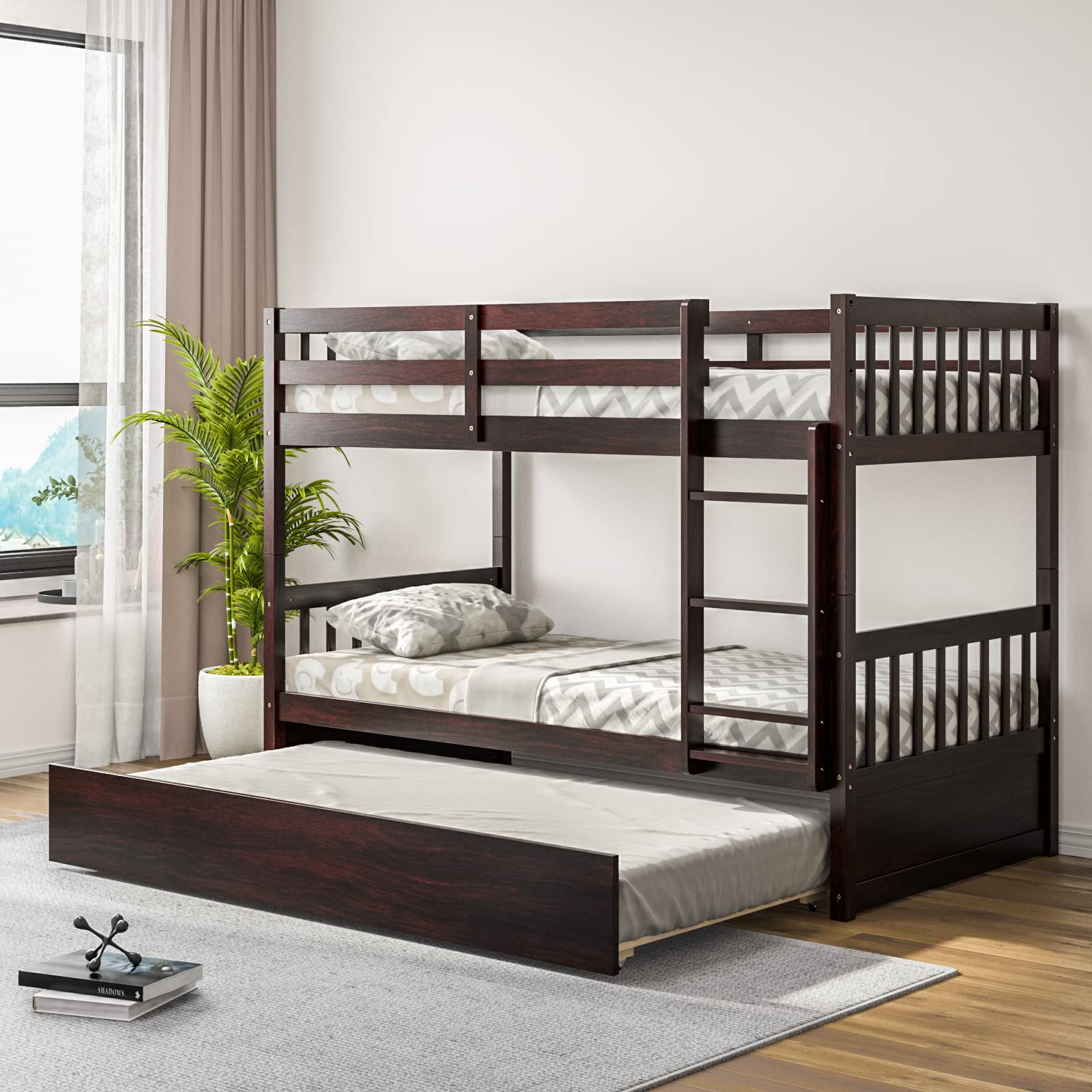 Twin Over Twin Wood Bunk Bed with Trundle, 2-in-1 Convertible Bunk Bed with Ladder & Solid Wood Frame