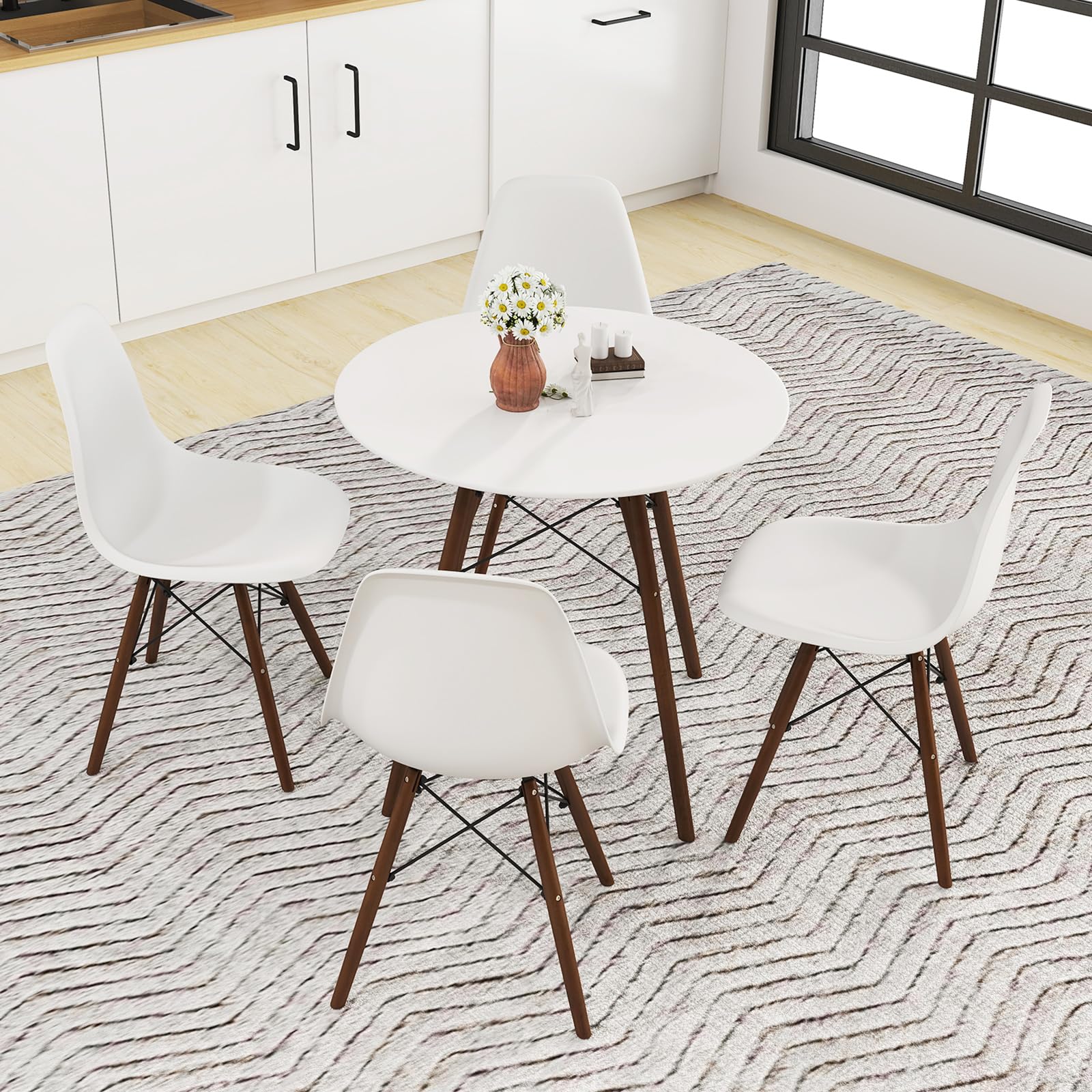 Round Dining Table Set for 4, Modern 31.5" D Dining Table & 4 Dining Chairs with Solid Wood Legs