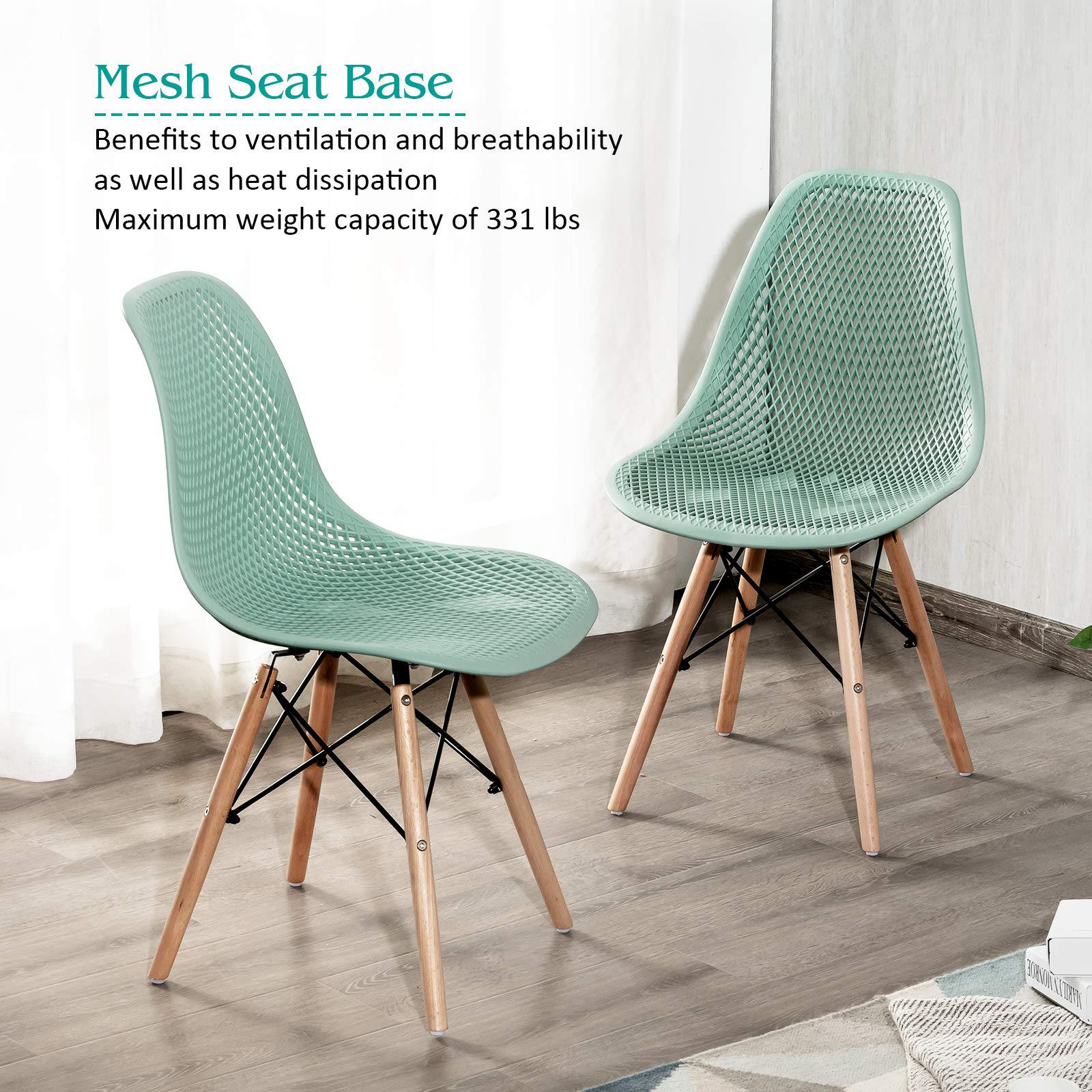 Set of 2/4 Modern Dining Chairs, Outdoor Indoor Shell PP Lounge Side Chairs with Mesh Design, Beech Wood Legs