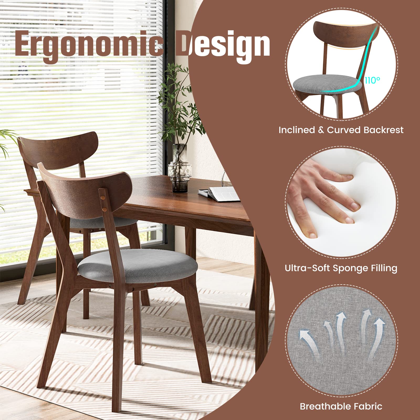 Dining Chairs Set of 2/4, Mid-Century Modern Kitchen & Dining Chairs with Curved Back and Cushioned Seat