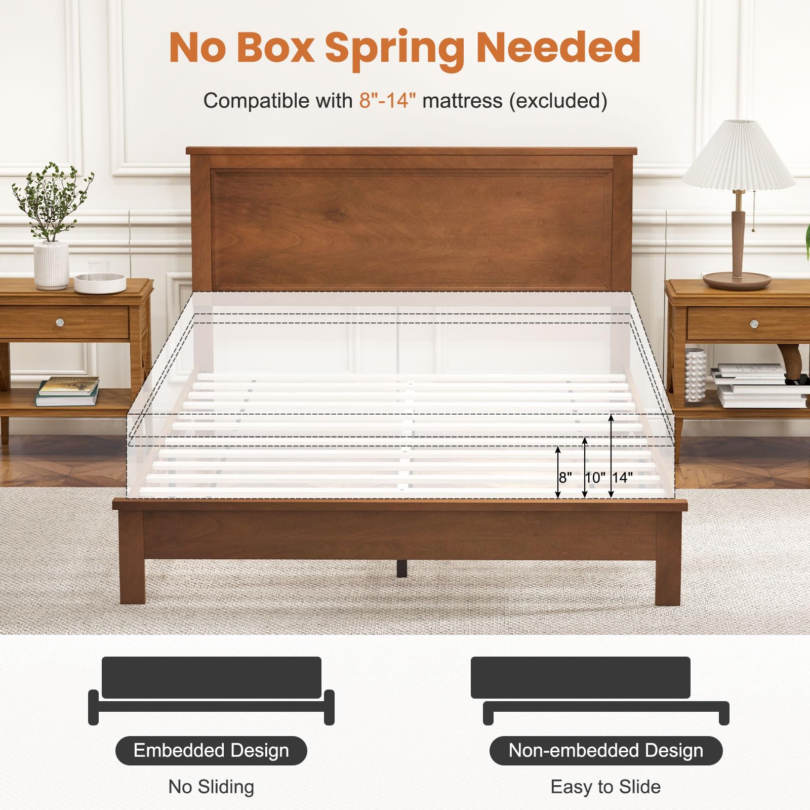 Wood Platform Bed Frame with Headboard, Mid Century Platform Bed Frame with Solid Wood Legs & Wooden Slat Support