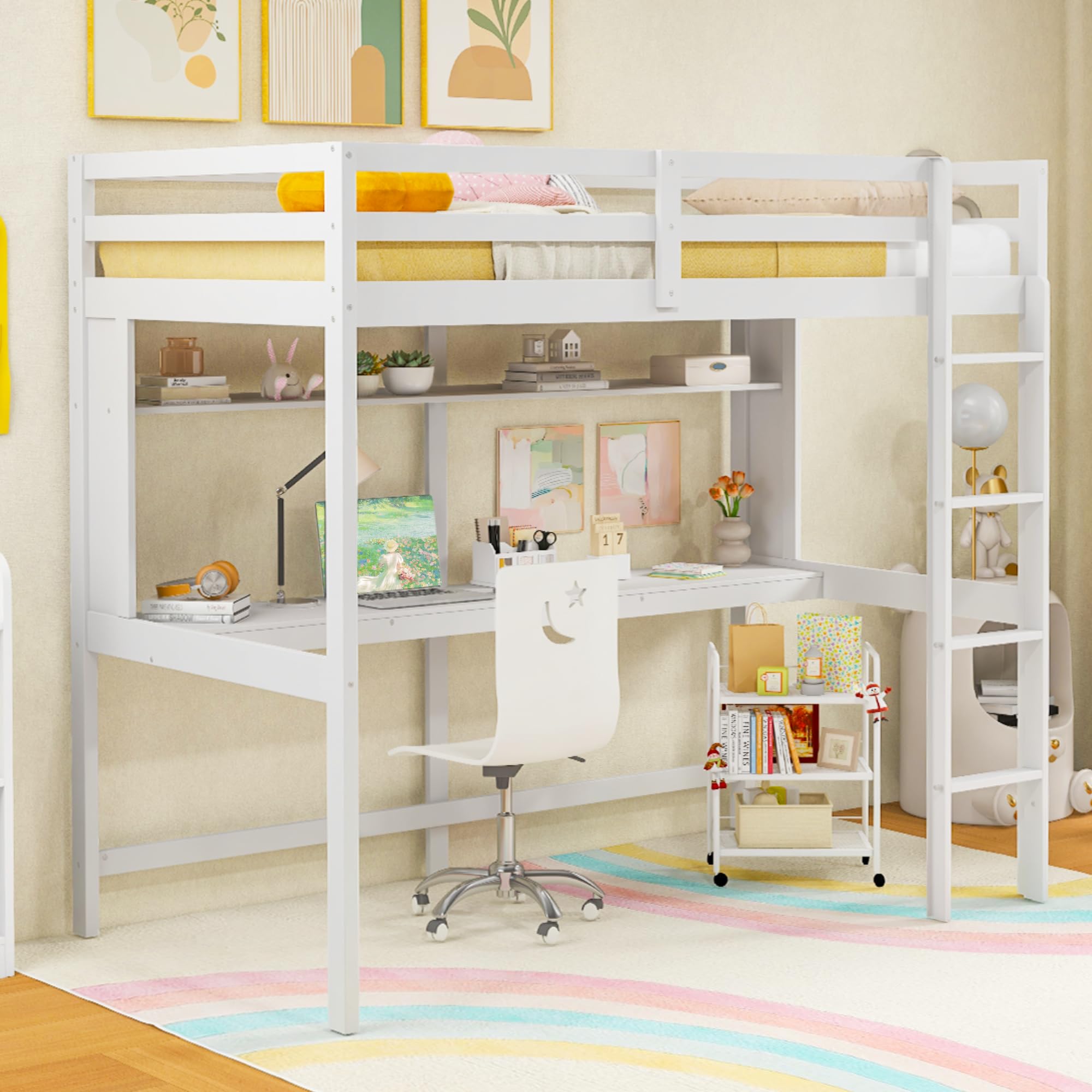 Twin Size Loft Bed with Desk, Bookshelf, Full Length Safety Guardrail & Ladder