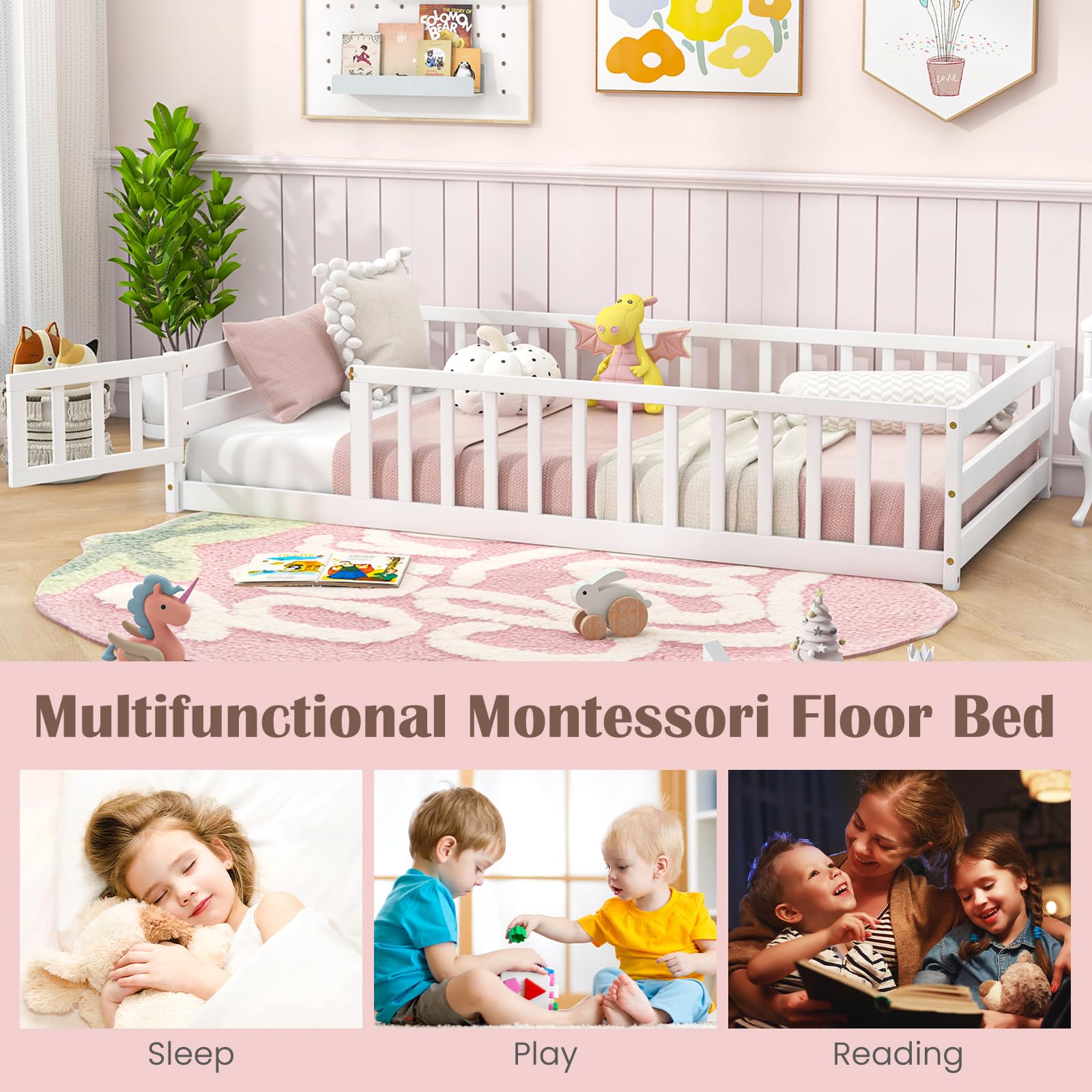 Twin Floor Bed with Door & Fence, Kids Wood Montessori Bed with Safety Guardrails