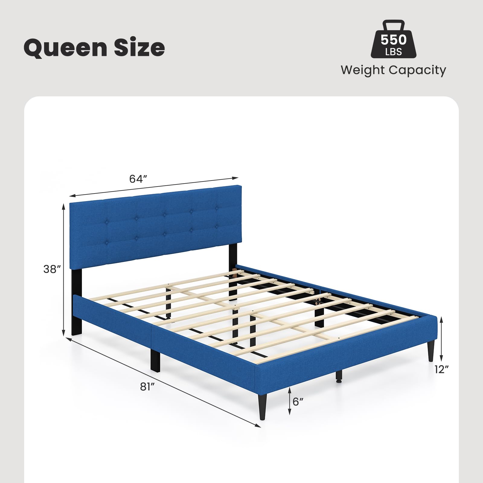 Twin/Queen Size Upholstered Platform Bed Frame with Button Tufted Linen Fabric Headboard