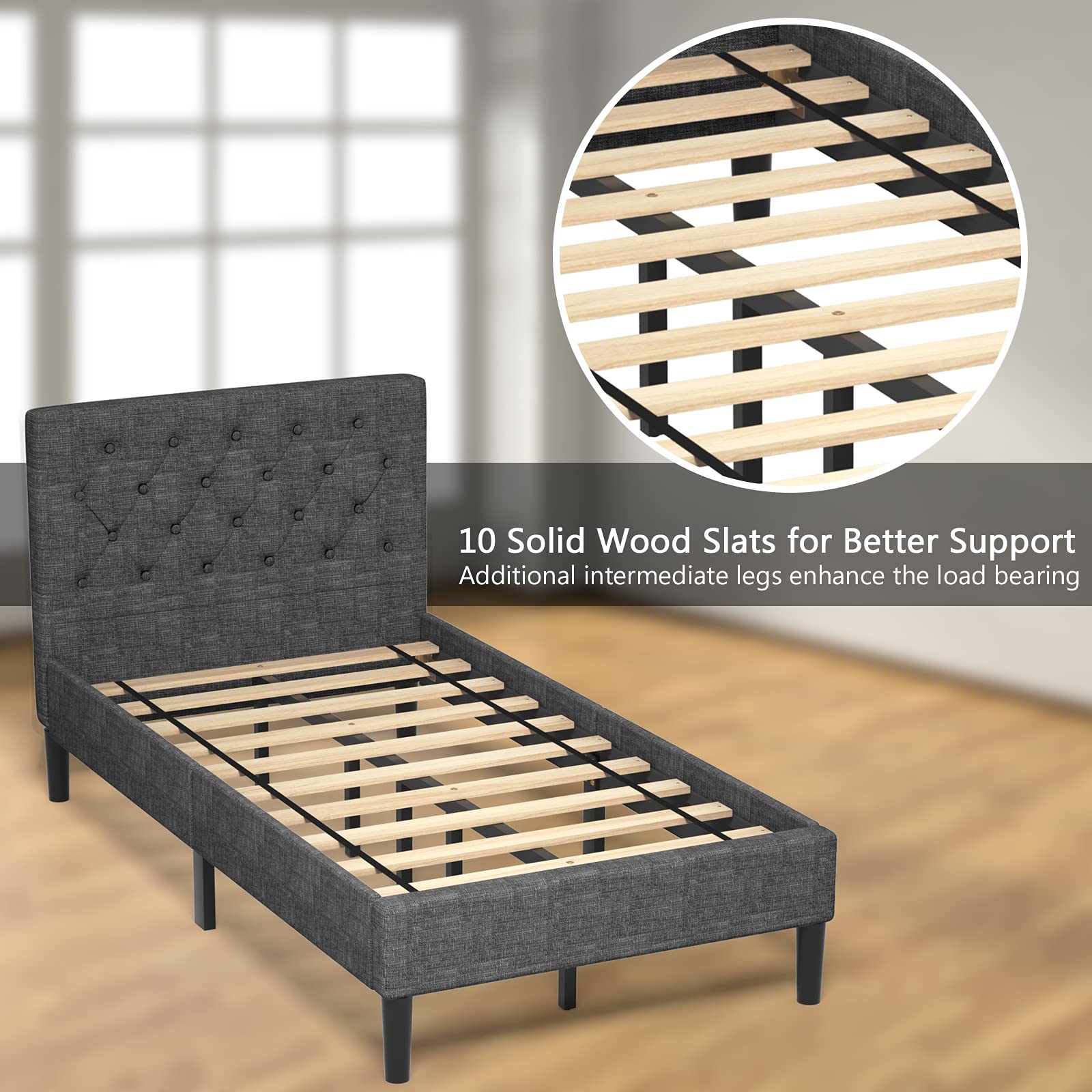 Twin Size Upholstered Bed Frame with Button Tufted Headboard