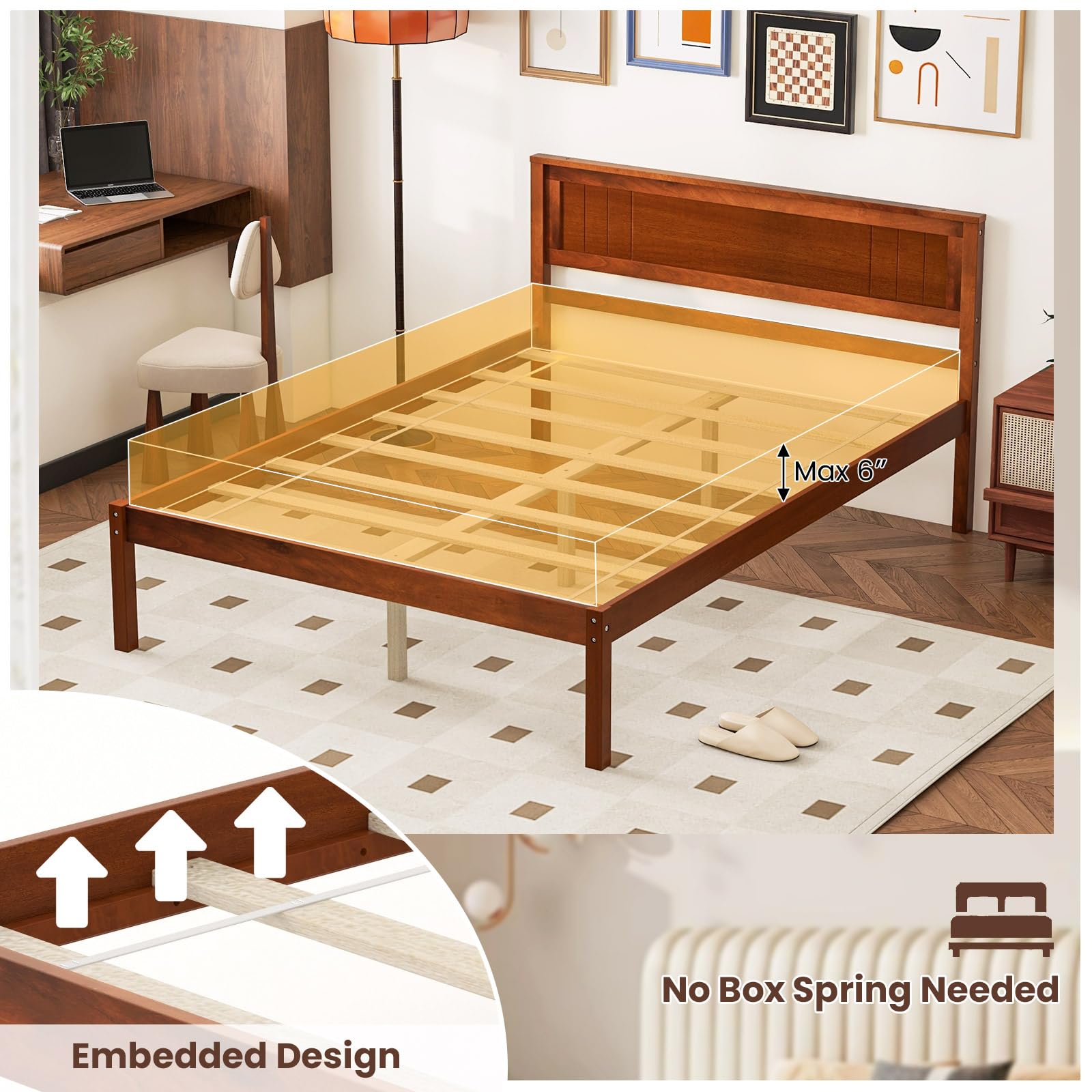 Wooden Platform Bed Frame with Headboard & Wood Slat Support