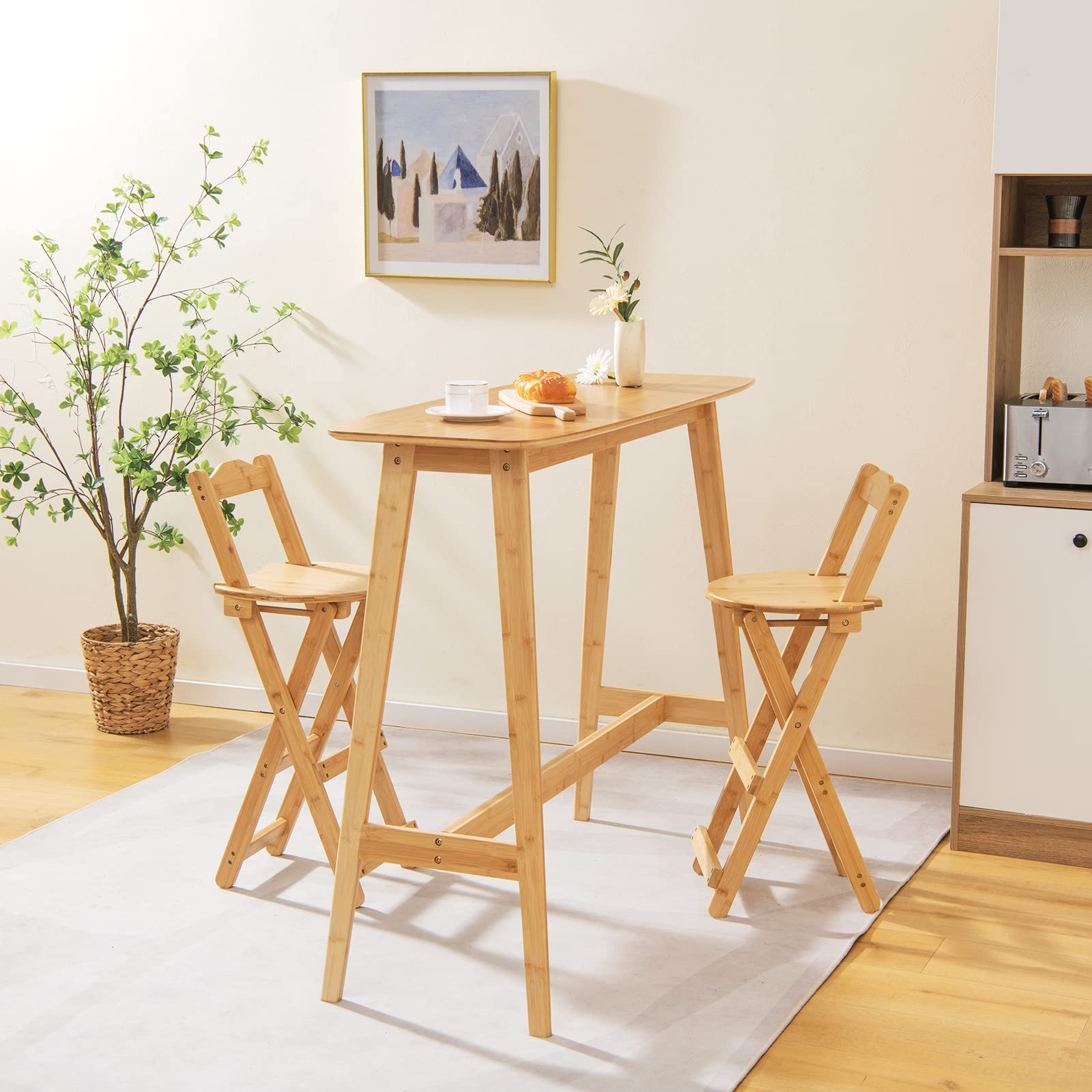 Folding Bamboo Bar Stools Set of 2/4, 24-inch Kitchen Counter Height Stools with Backrest and Footrest