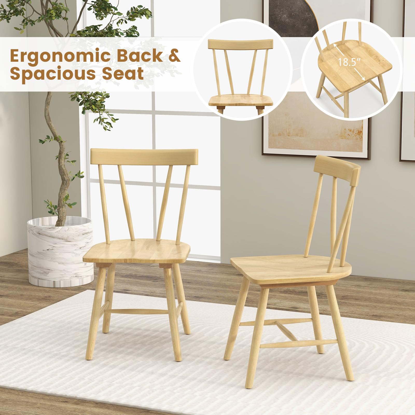 Set of 2/4 Windsor Chairs, Rubber Wood Dining Chairs with Spindle Back, Wide Seats, Anti-Slip Foot Pads