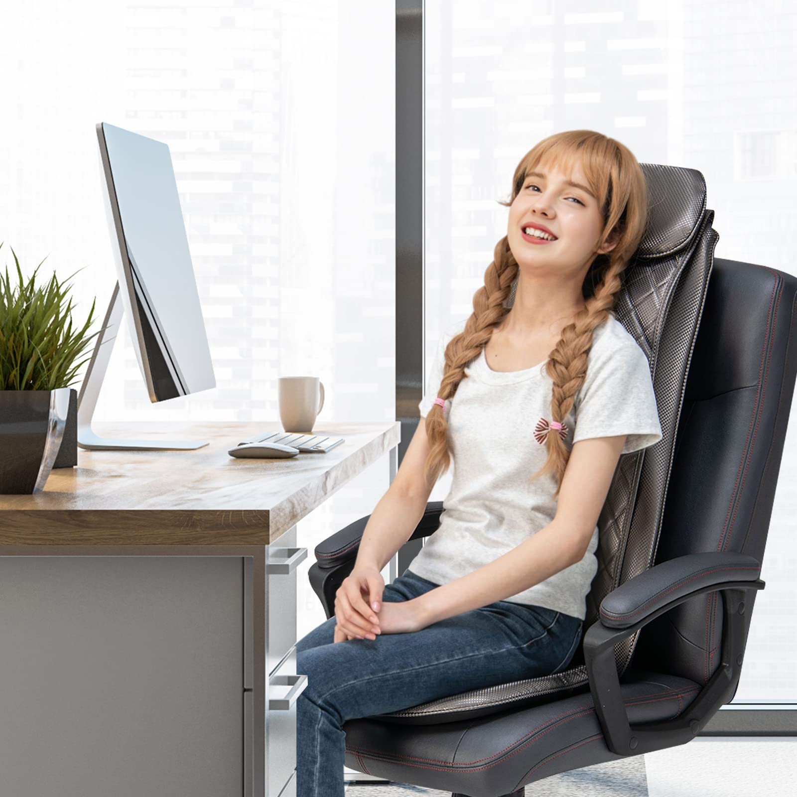 Back Massager Chair Pad - Massage Seat Cushion with Heat & Vibration, Removable Neck Pillow & Back Flap