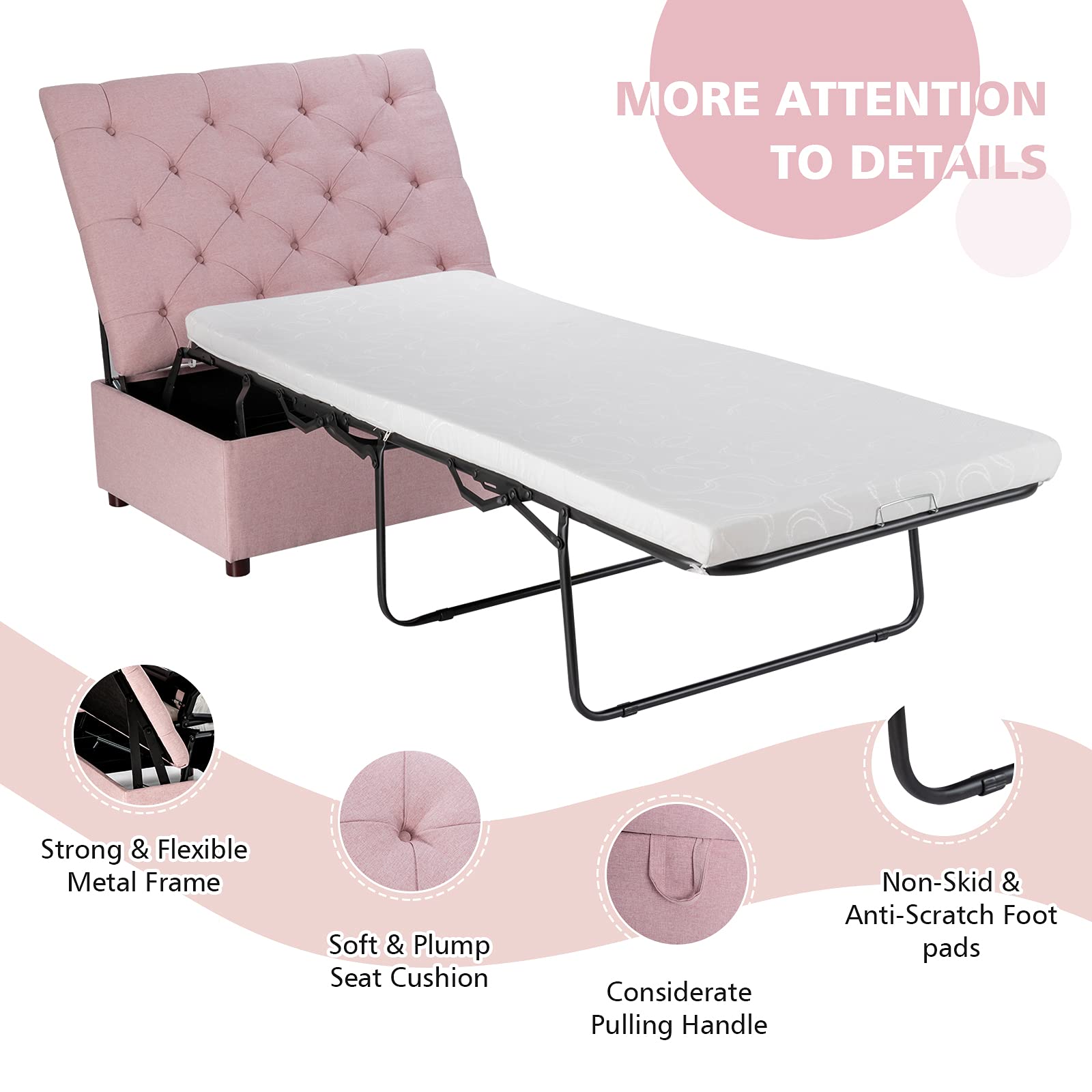 Folding Ottoman Sleeper Chair With Mattress, Convertible Fold Out Sofa Bed