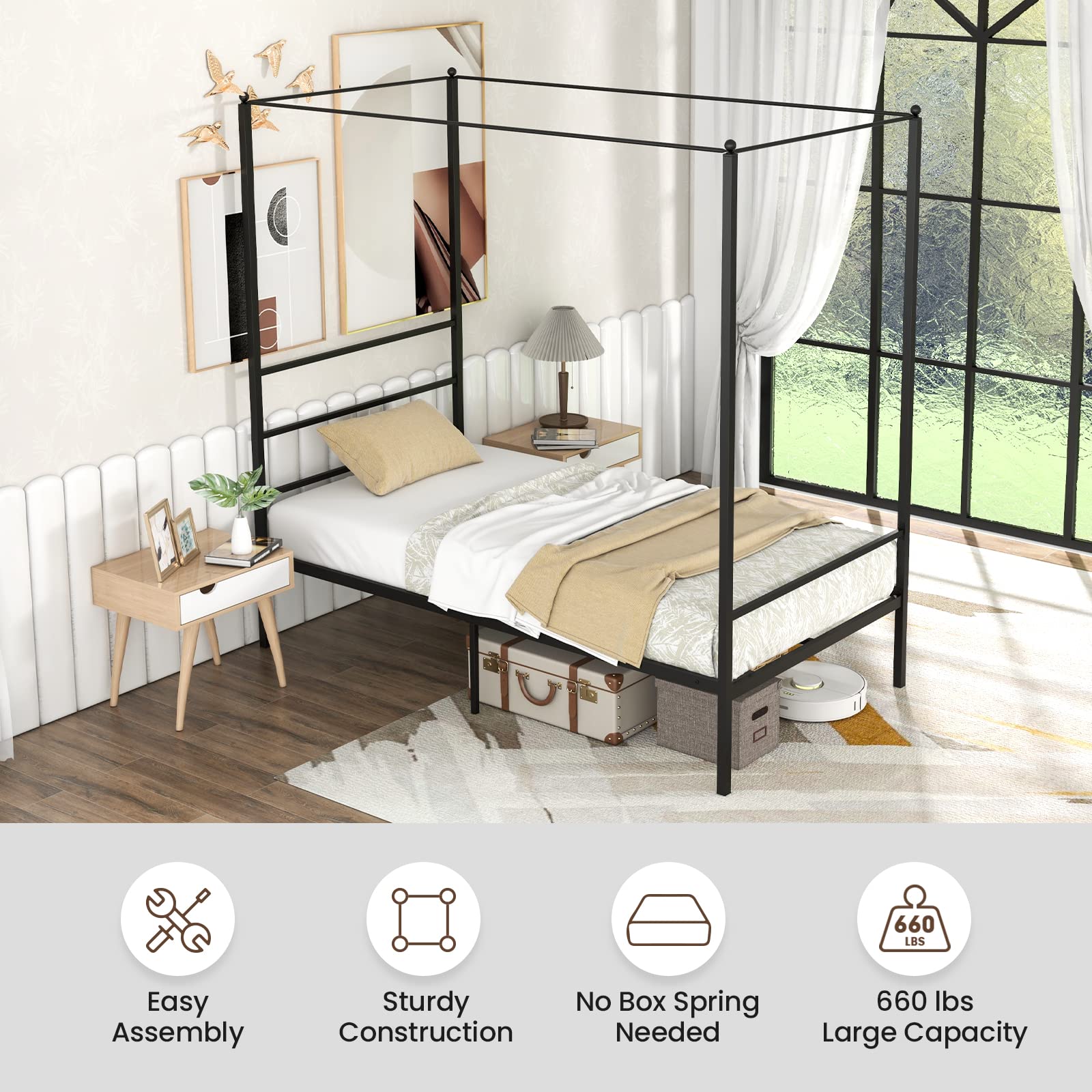 Metal Canopy Bunk Bed, Modern 4 Poster Canopied Platform Bed with Headboard
