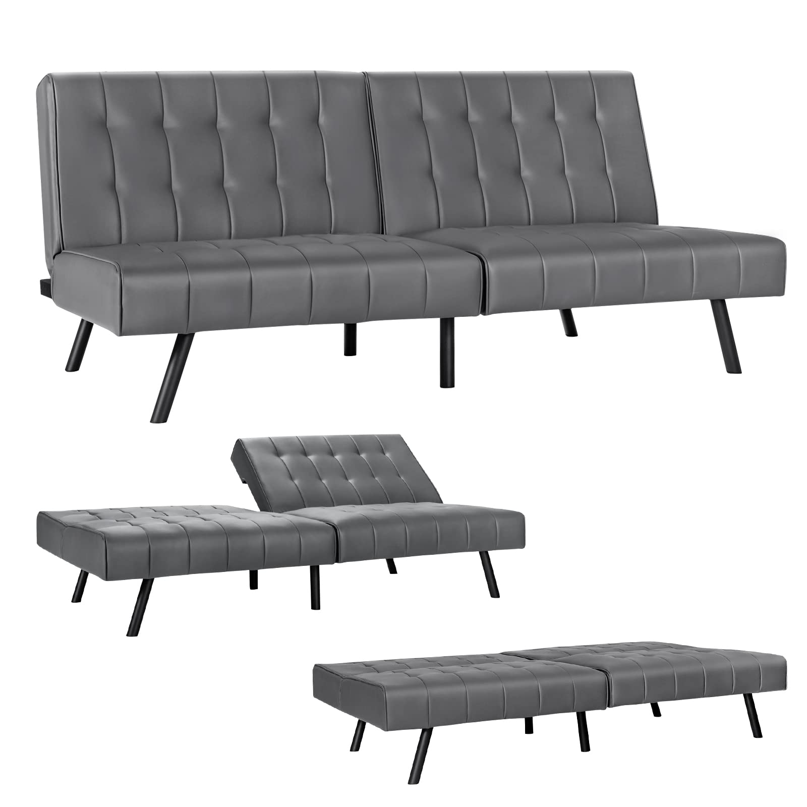 Faux Leather Futon Sofa Bed with Adjustable Backrest