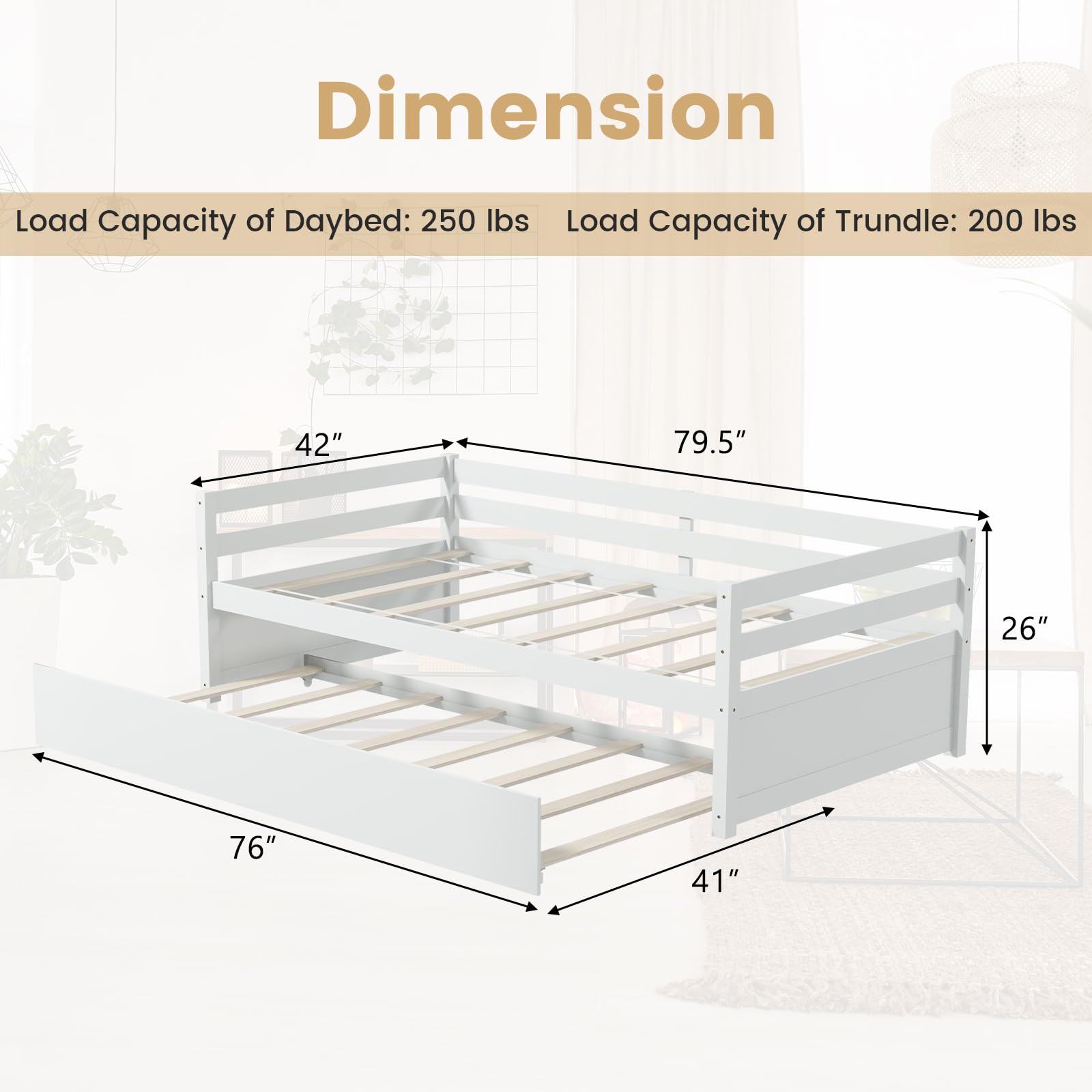 Twin Daybed with Trundle, Wood Trundle Bed with Wood Slat Support