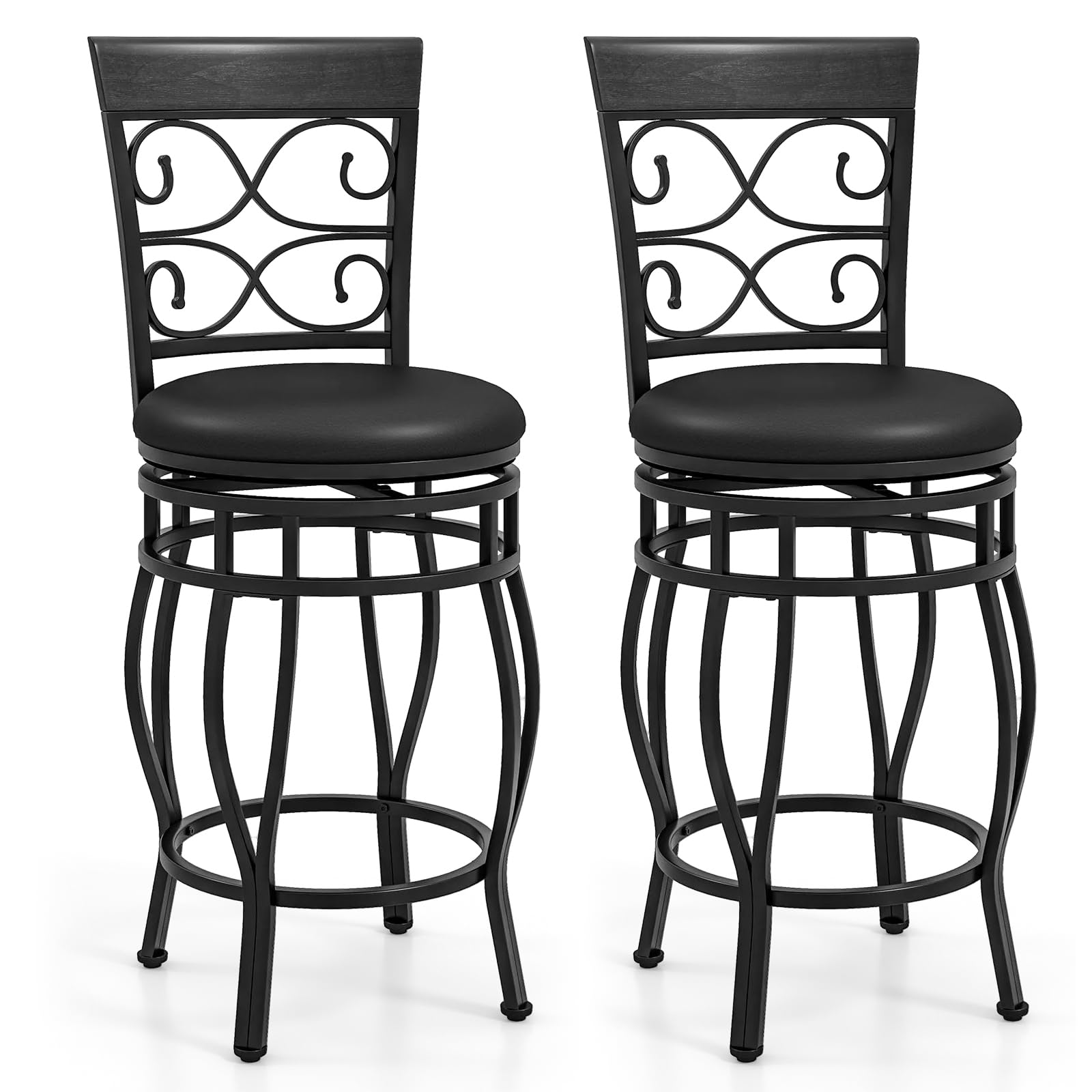 Swivel Bar Stools Set of 2/4, Counter Height Bar Stools with Back, Upholstered PU Leather Seat, Footrest