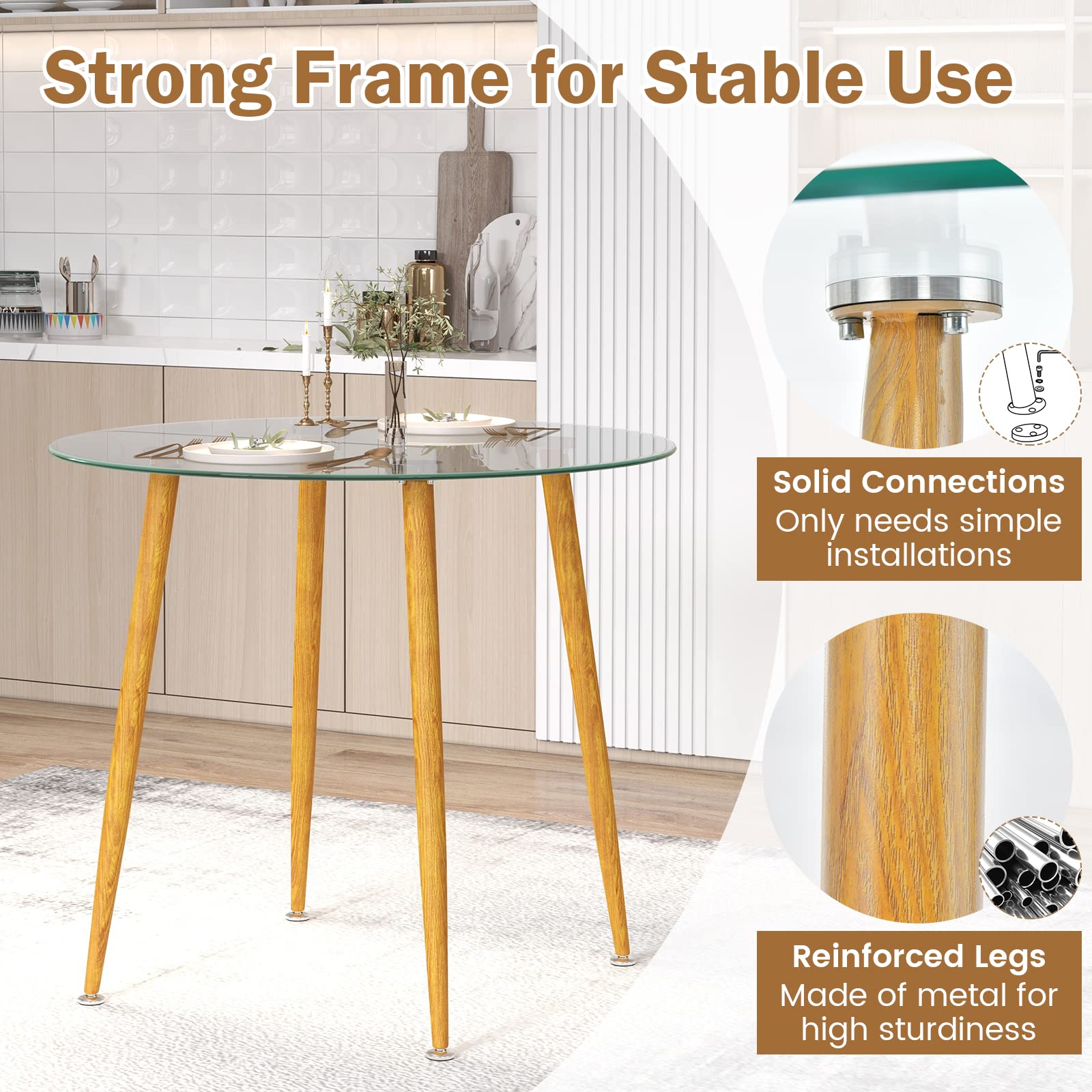 Round Glass Dining Table, 35.5" D x 30" H Kitchen Dinner Table w/Tempered Glass Tabletop & Metal Legs