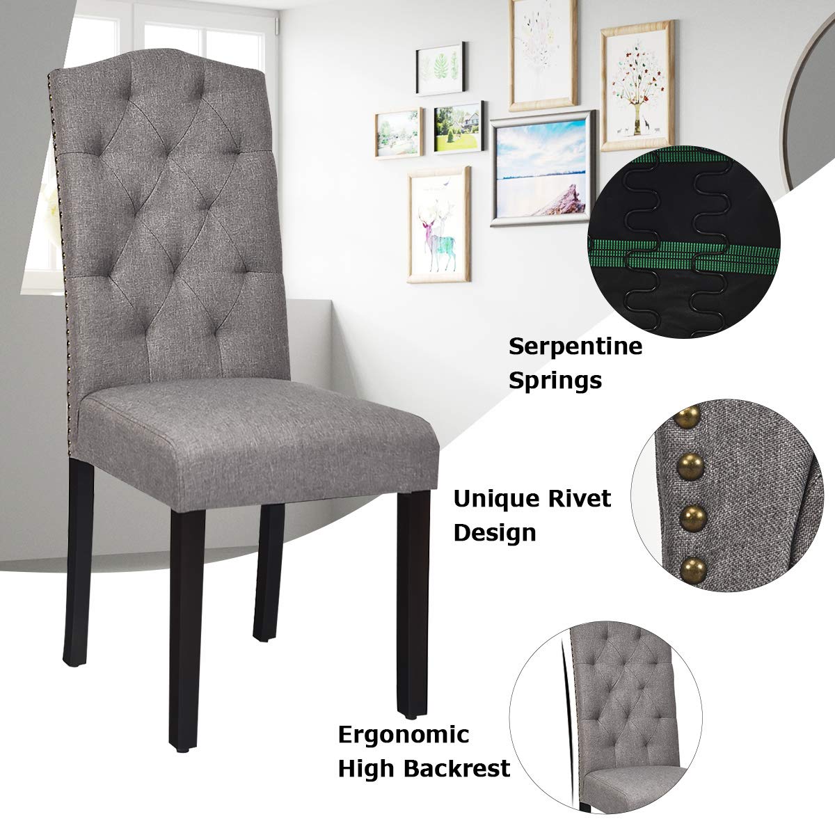 Set of 2/4 Tufted Fabric Dining Chairs with Padded Seat and Tall Backrest