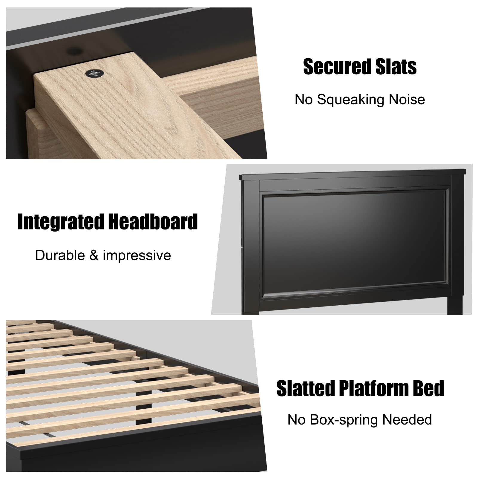 Wood Platform Bed Frame with Headboard, Mid Century Platform Bed Frame with Solid Wood Legs & Wooden Slat Support