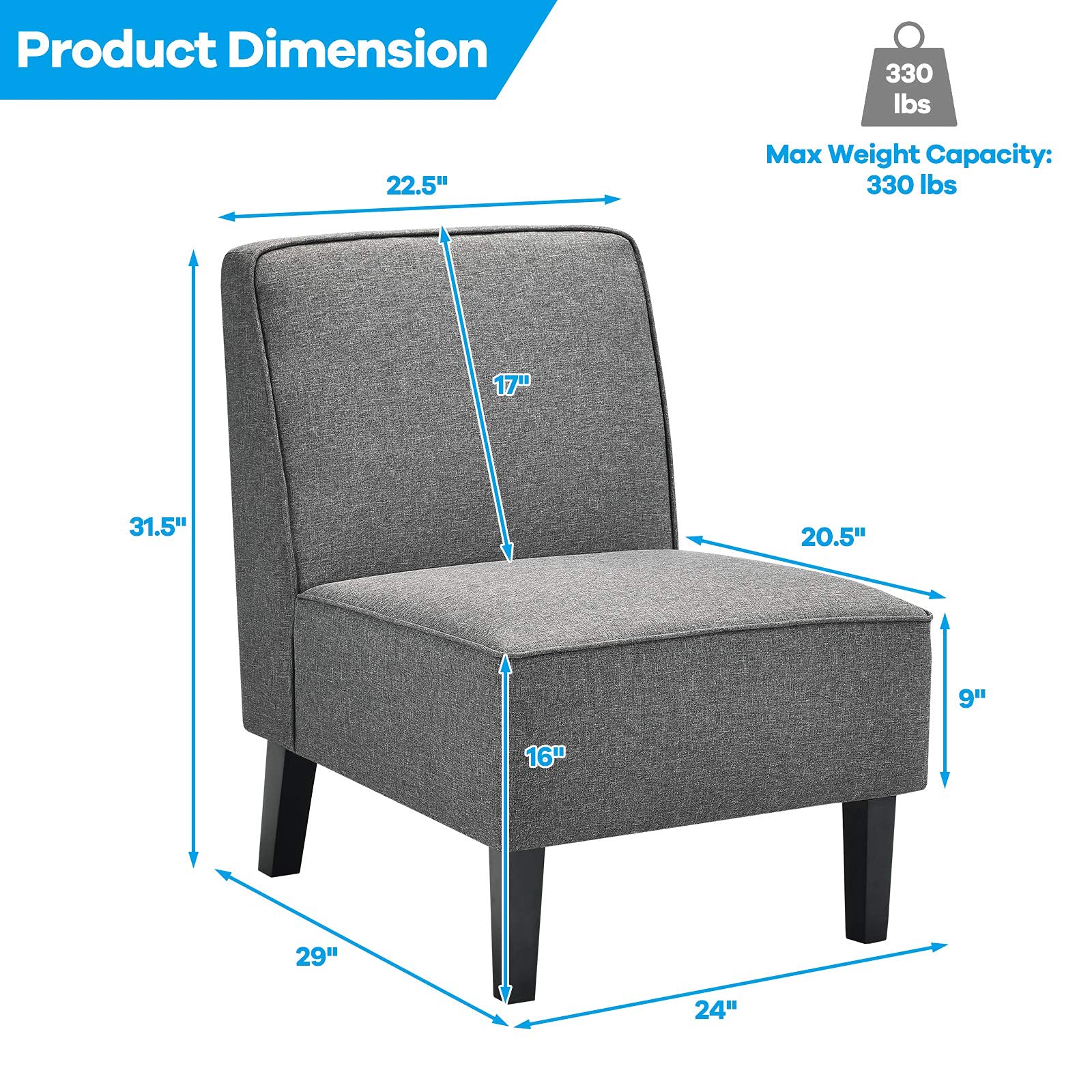 Set of 1/2 Thick Armless Accent Chair with Solid Wood Legs, 9" Thick Sponge Cushion
