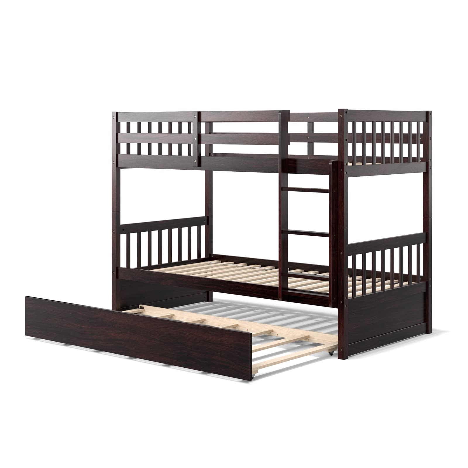 Twin Over Twin Wood Bunk Bed with Trundle, 2-in-1 Convertible Bunk Bed with Ladder & Solid Wood Frame