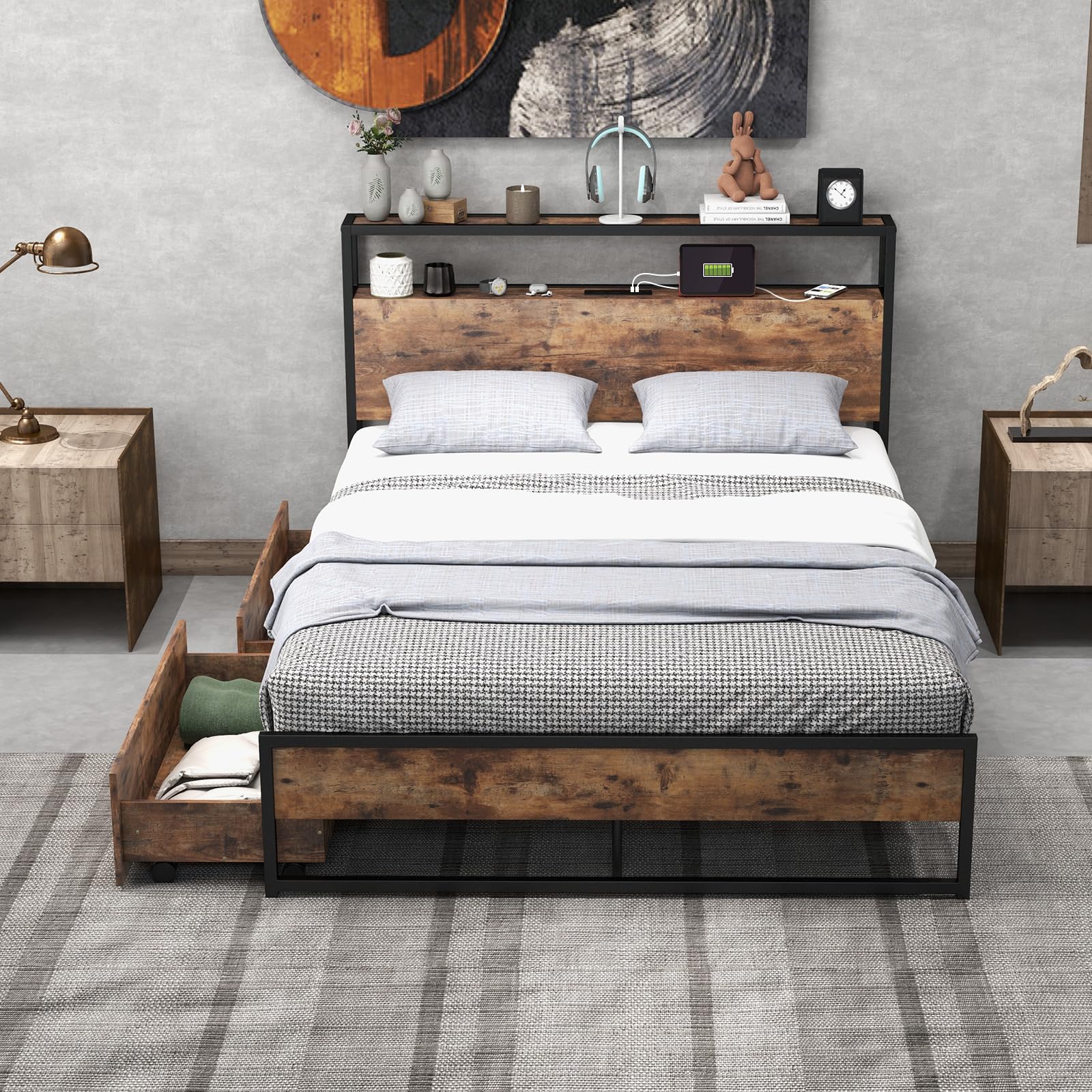 Bed Frame with 2 Storage Drawers and Charging Station, Rustic Metal Slats Support Mattress Foundation
