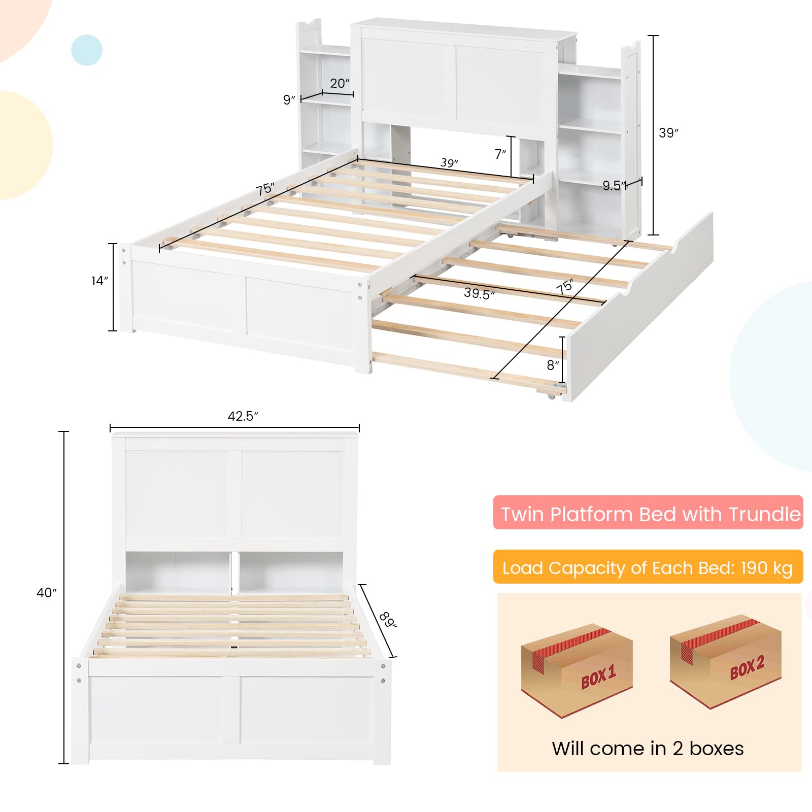 Twin Wood Daybed with Trundle with 2 Rolling Bookcases & High Headboard