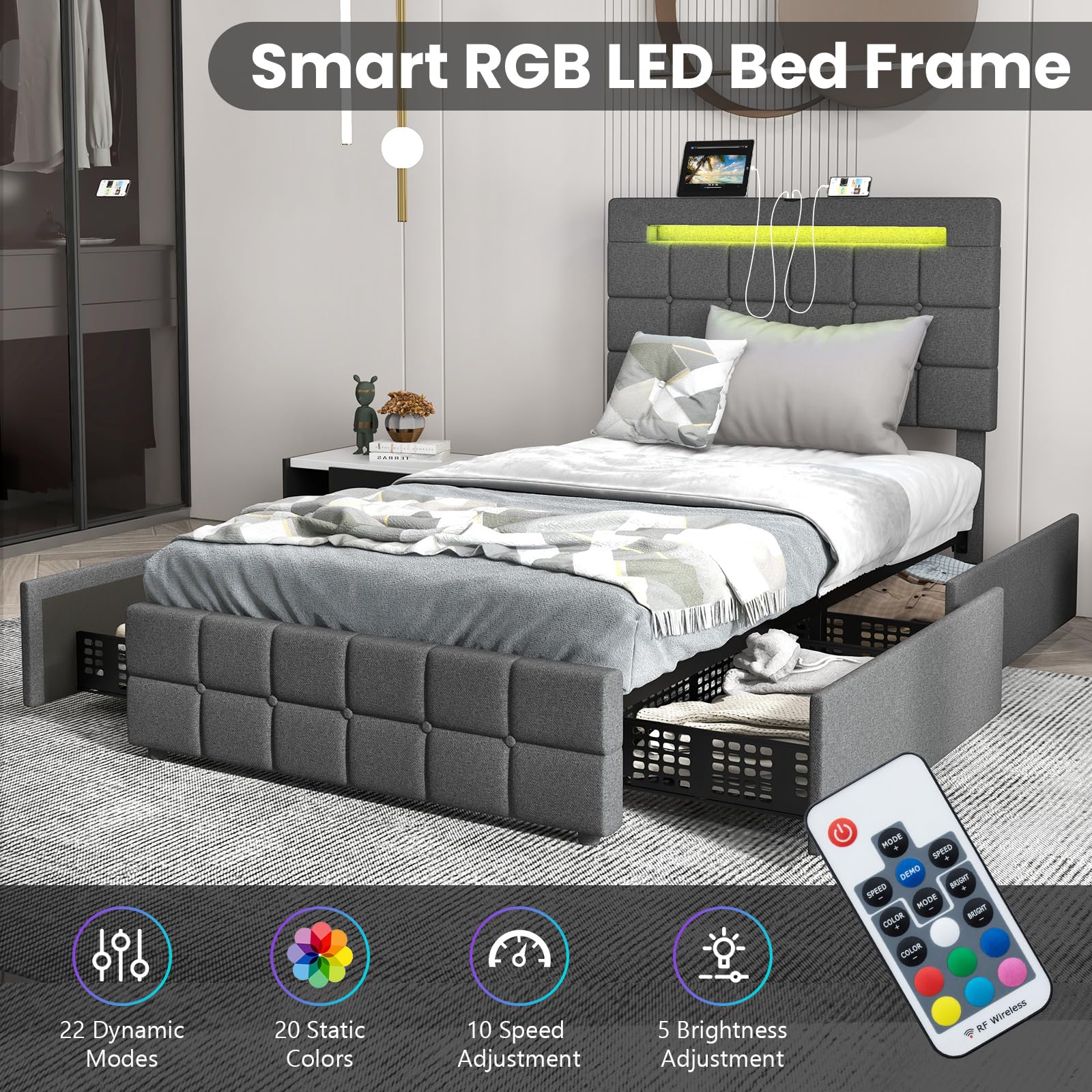Upholstered Bed Frame with LED Lights and 4 Drawers, Height Adjustable Headboard with USB Ports