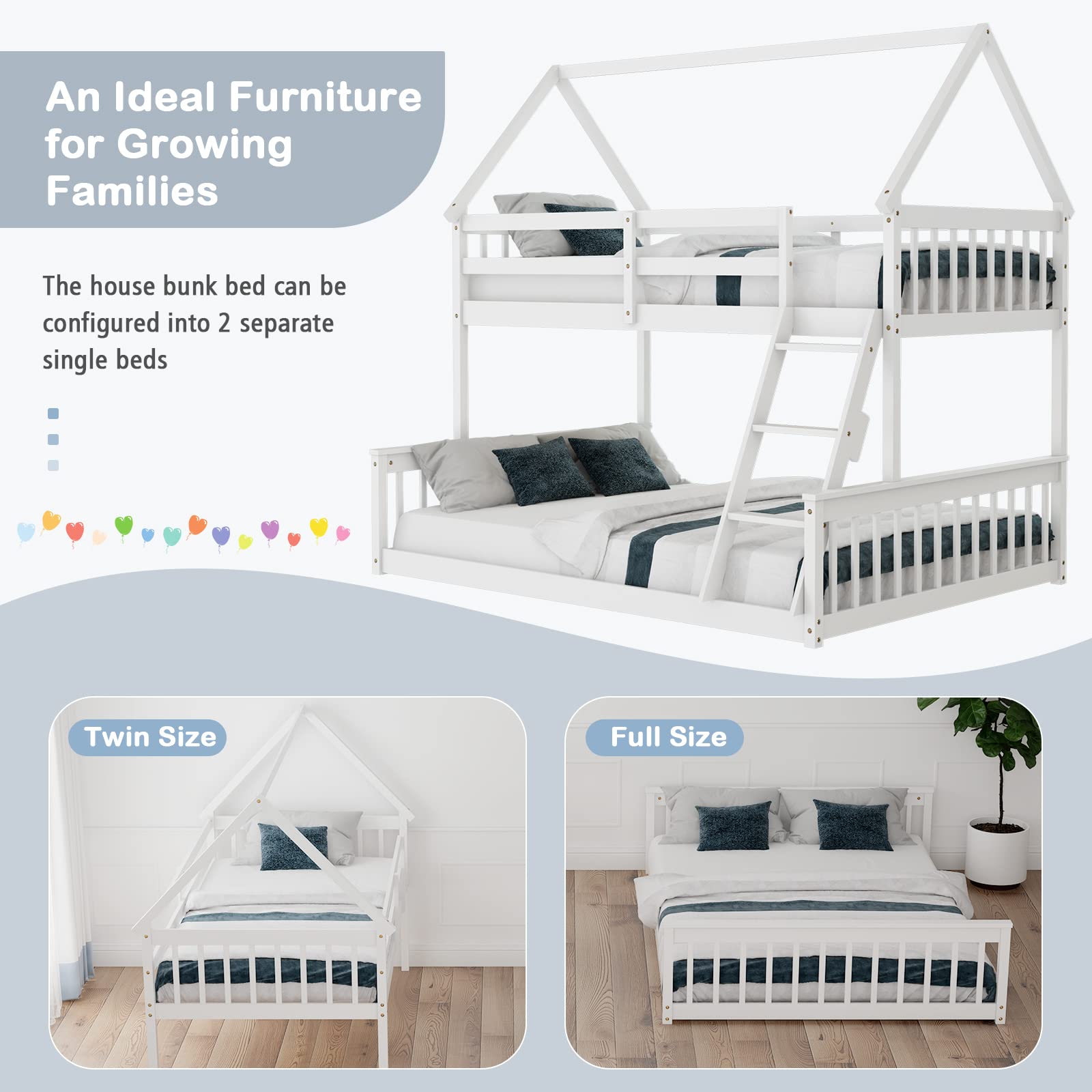Twin Over Full Wood House Bunk Bed with Integrated Ladder & Safety Guardrails, Convertible to 2 Beds