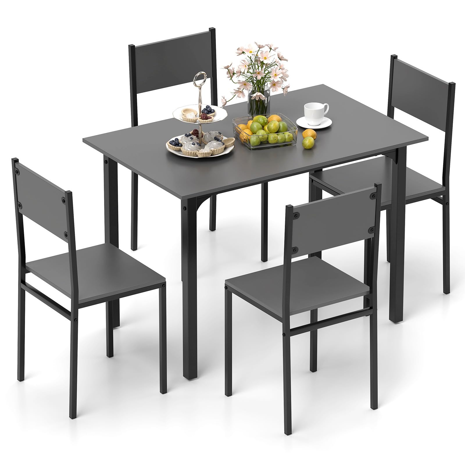 5-Piece Dining Table Set, Industrial Kitchen Table and Chairs for 4 with Backrest and Metal Frame